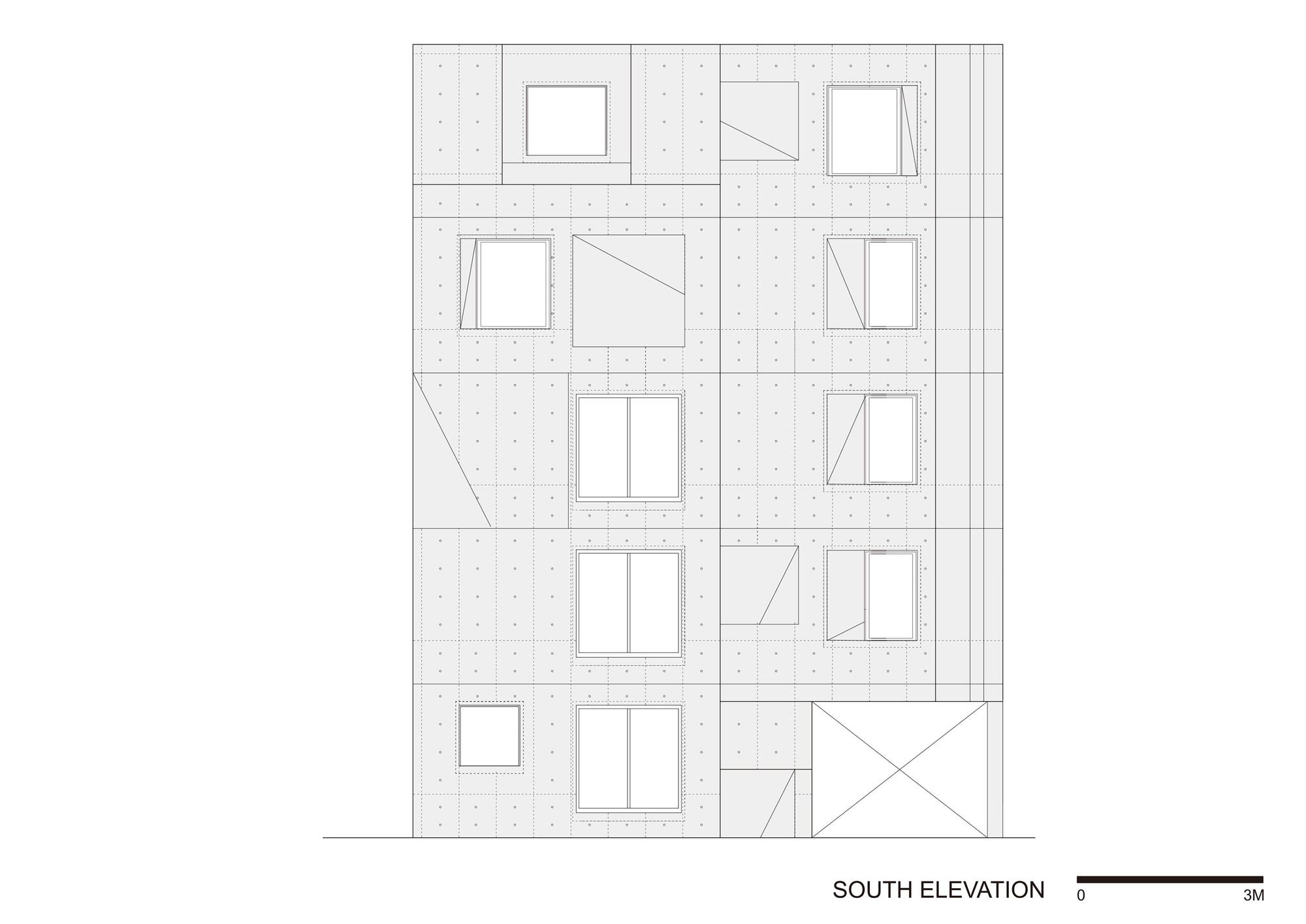 South elevation drawing of a concrete facade with a grid of form tie holes and square windows set at shifting positions