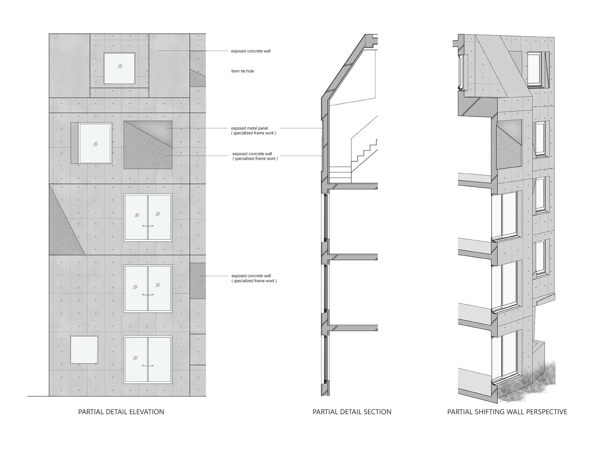 Detail drawings in elevation, section and perspective showing the exposed concrete wall with metal panels and windows shifting across floors