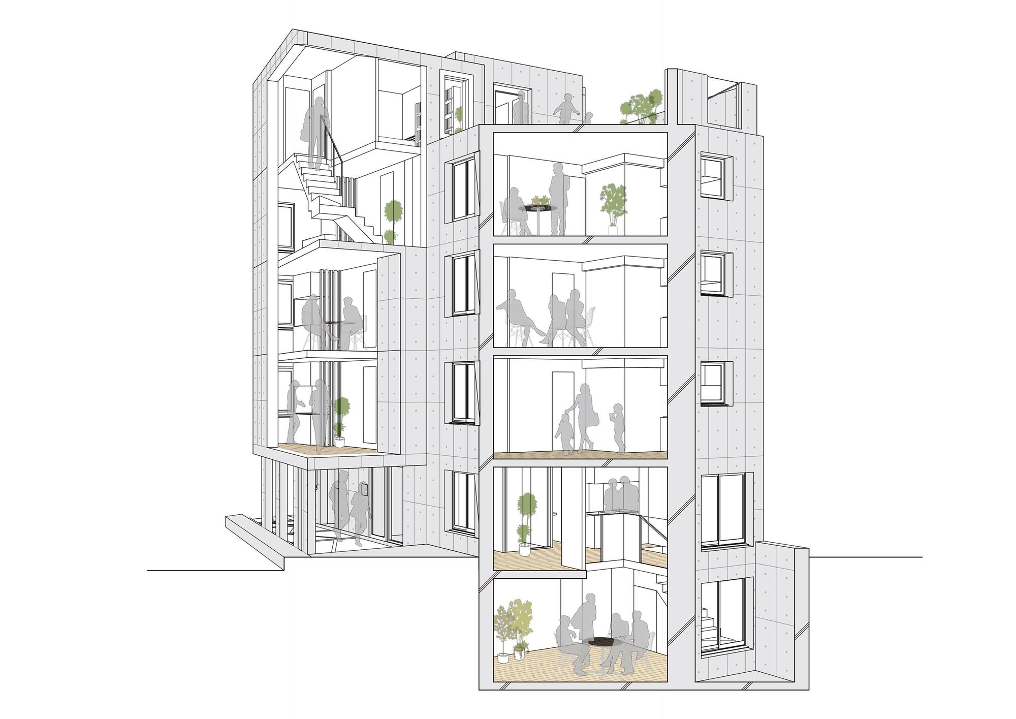 Cutaway axonometric drawing of a narrow multi-storey building showing stacked rooms, a stair, potted plants and silhouetted figures behind a panelled concrete f