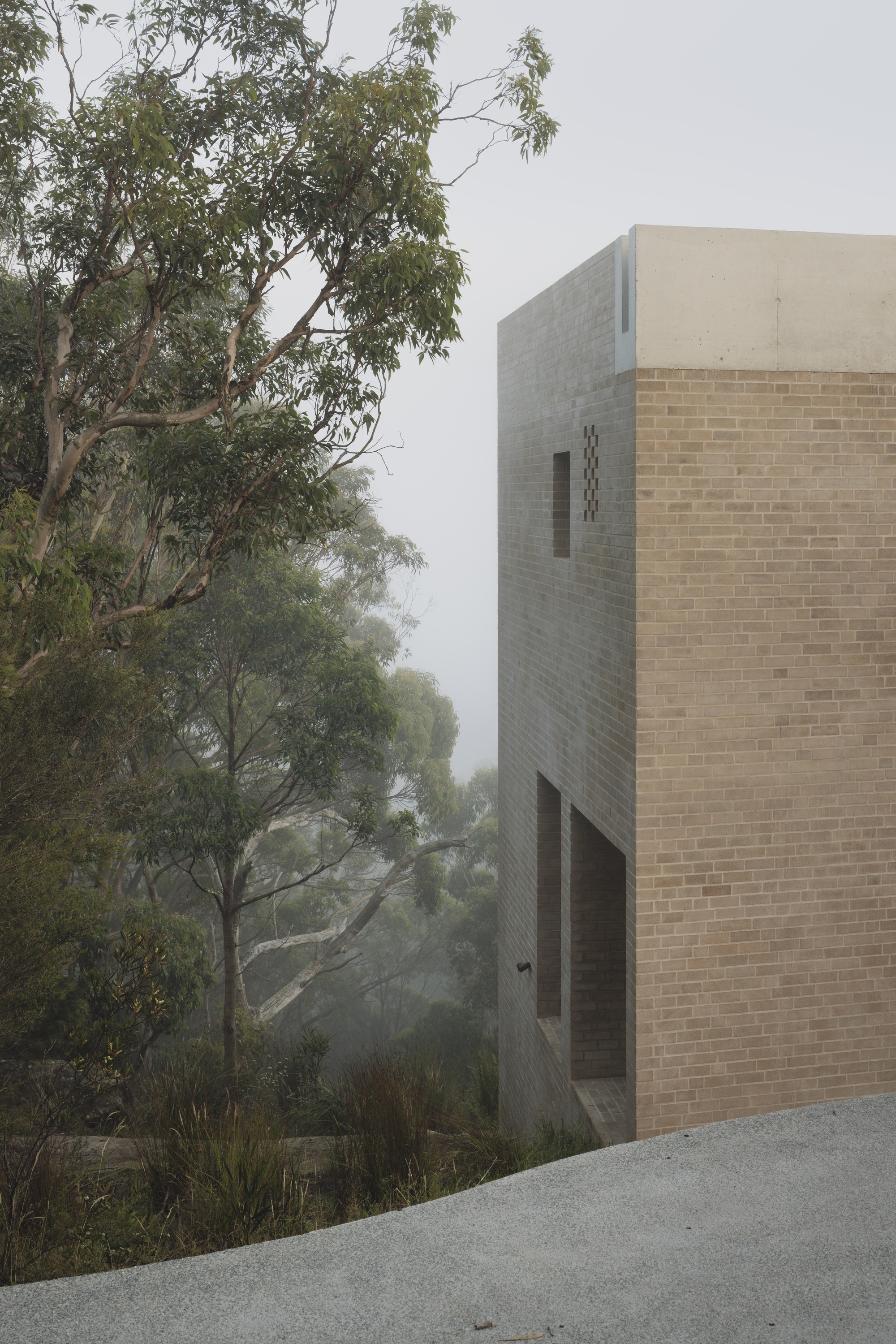 Brick tower with a concrete cap and small perforated window openings beside a curving driveway, eucalyptus trees in fog