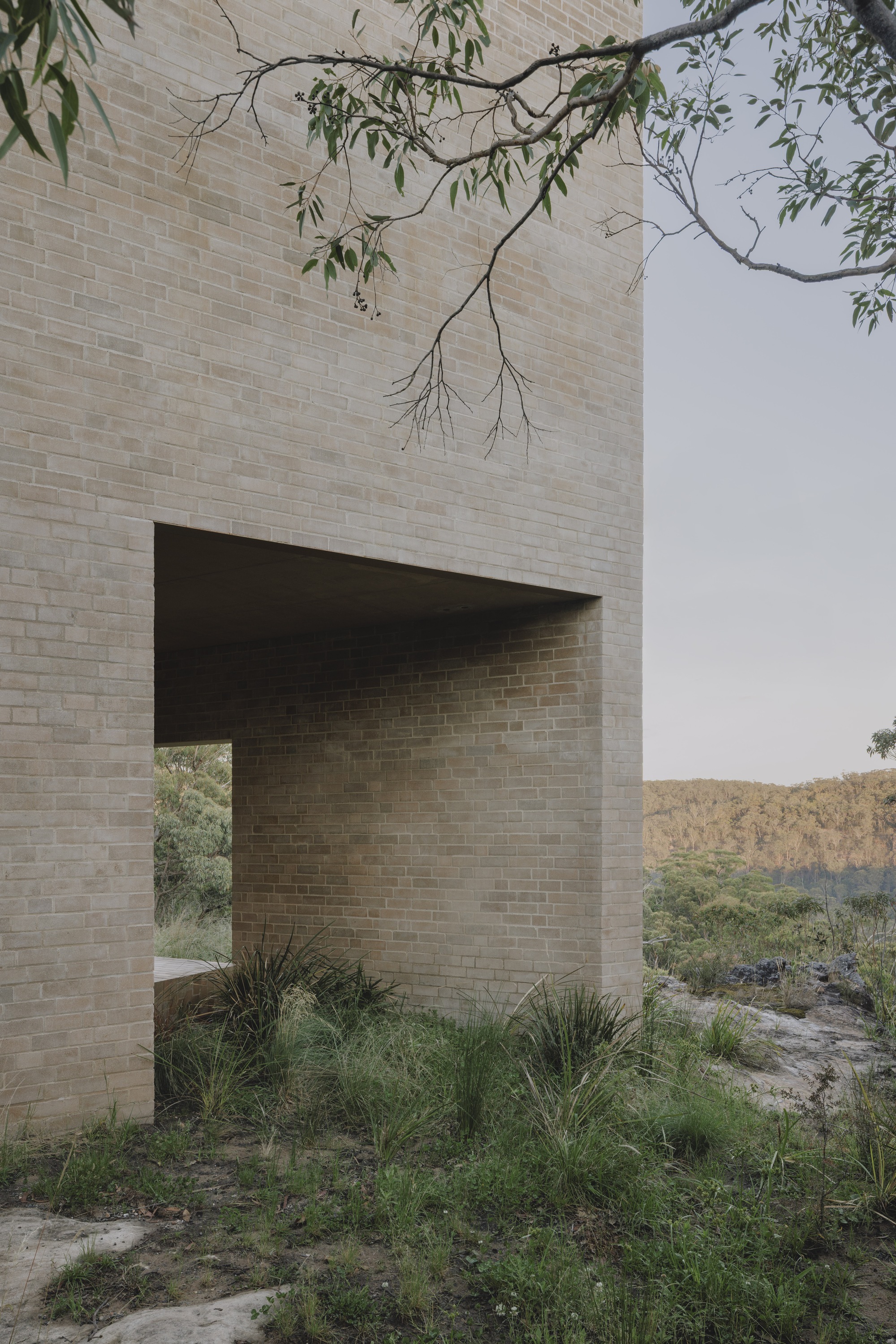 Corner of the brick volume cut by a deep recessed opening, with native grasses and a eucalyptus branch at dusk