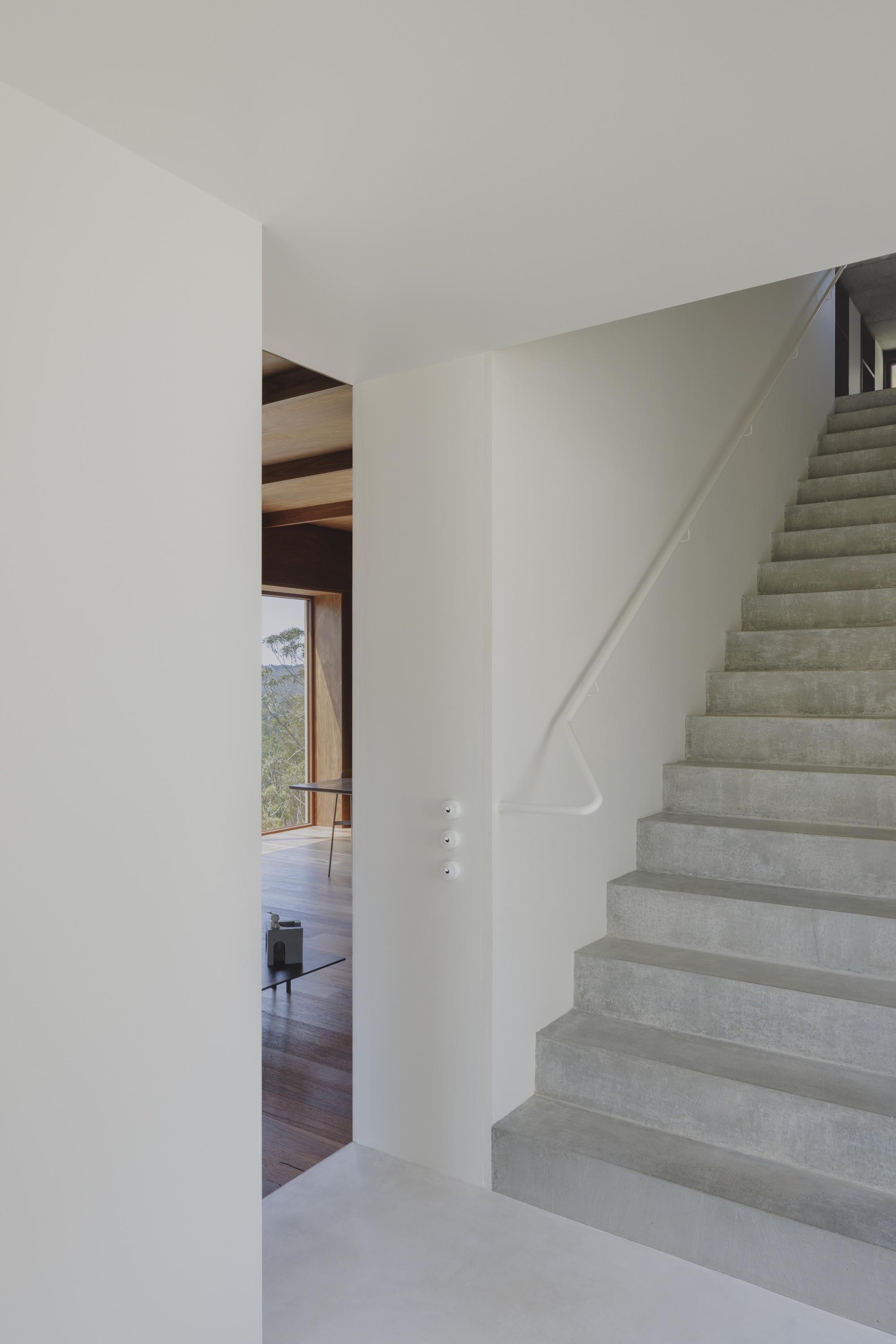 Concrete staircase with a white wall-mounted handrail beside a triple switch plate, and a glimpse of the timber room beyond in daylight