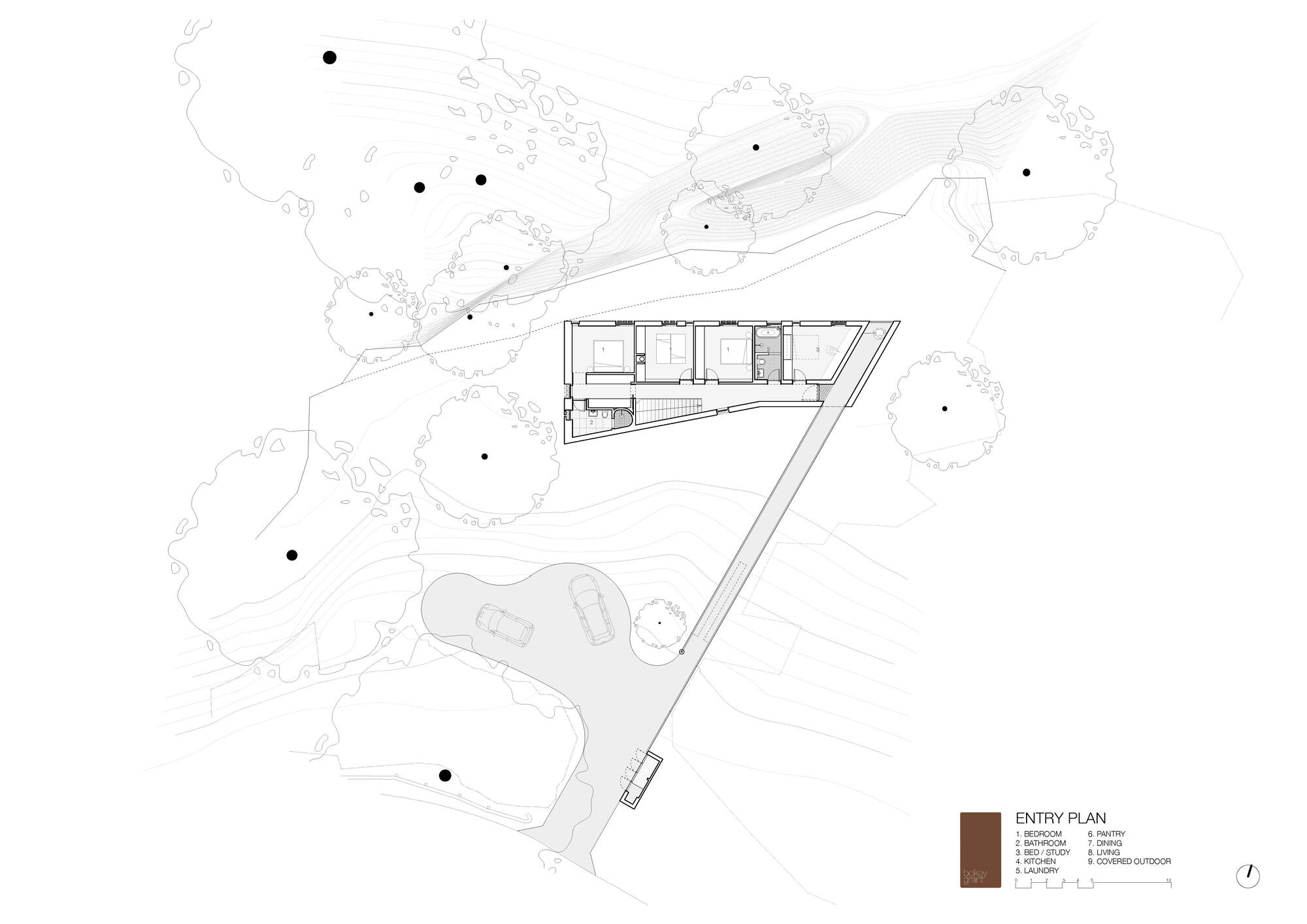 Entry plan drawing showing a narrow triangular building with bedrooms and living spaces, a long access path, parked cars and surrounding trees