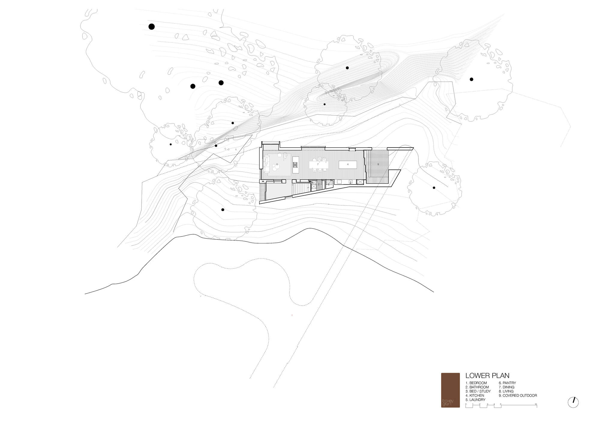 Lower floor plan drawing of a long narrow house set among contour lines, scattered trees and a covered outdoor area on a sloping site