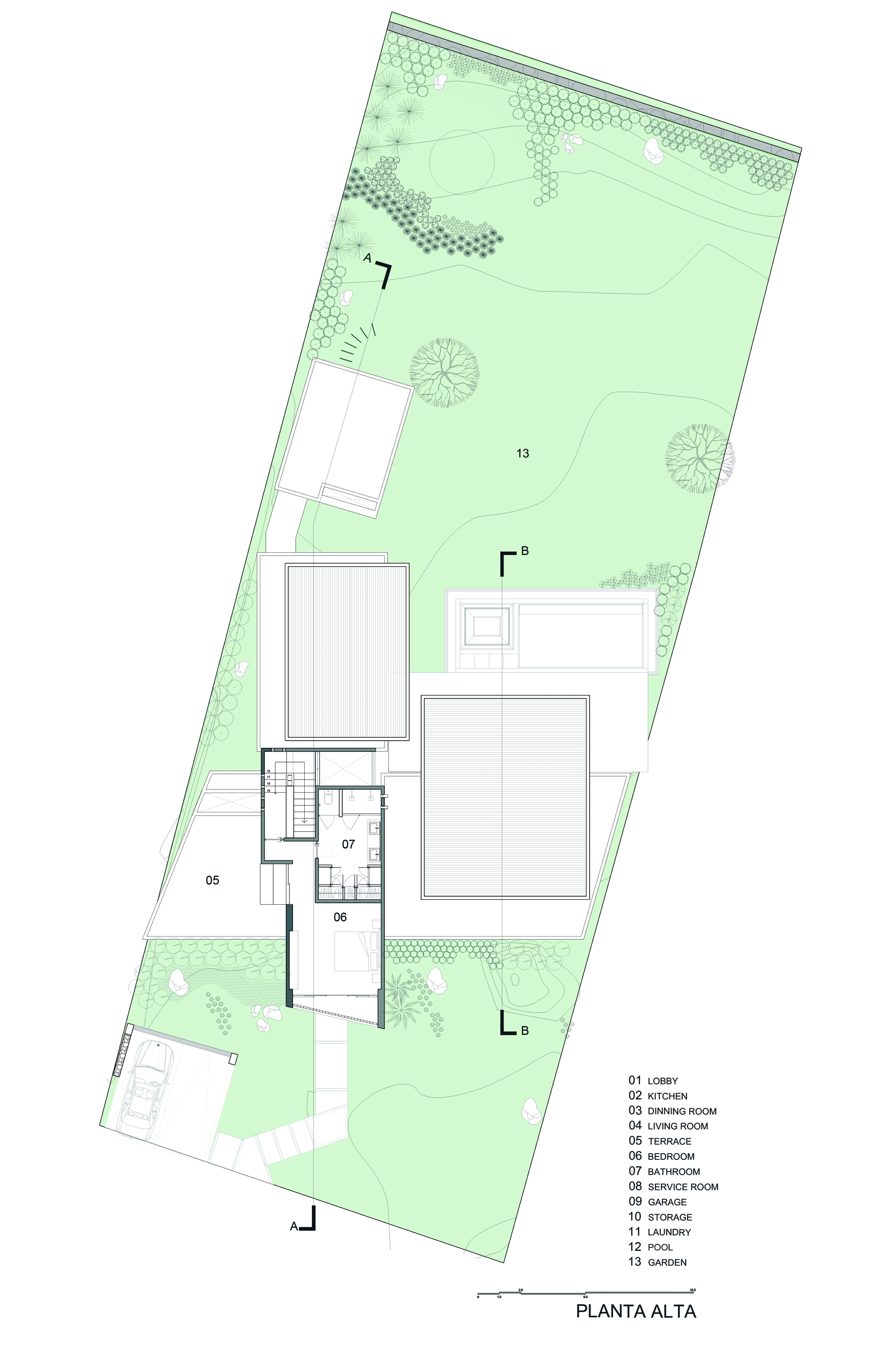 Upper floor plan drawing showing a bedroom and bathroom volume, roof outlines and the surrounding garden on a long sloping lot
