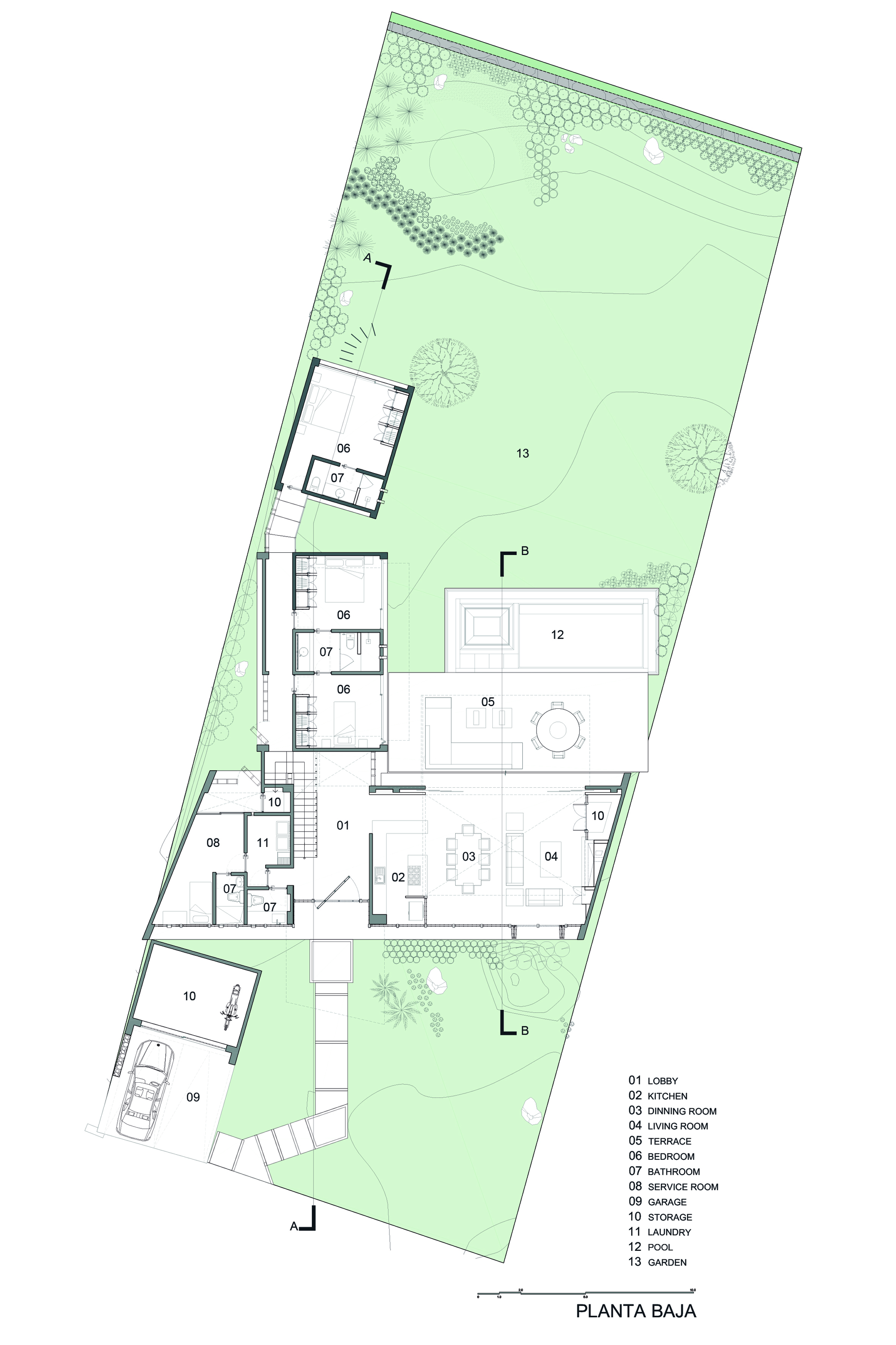 Ground floor plan drawing showing lobby, kitchen, dining and living rooms, terrace, pool, bedrooms and garage laid out along a narrow site