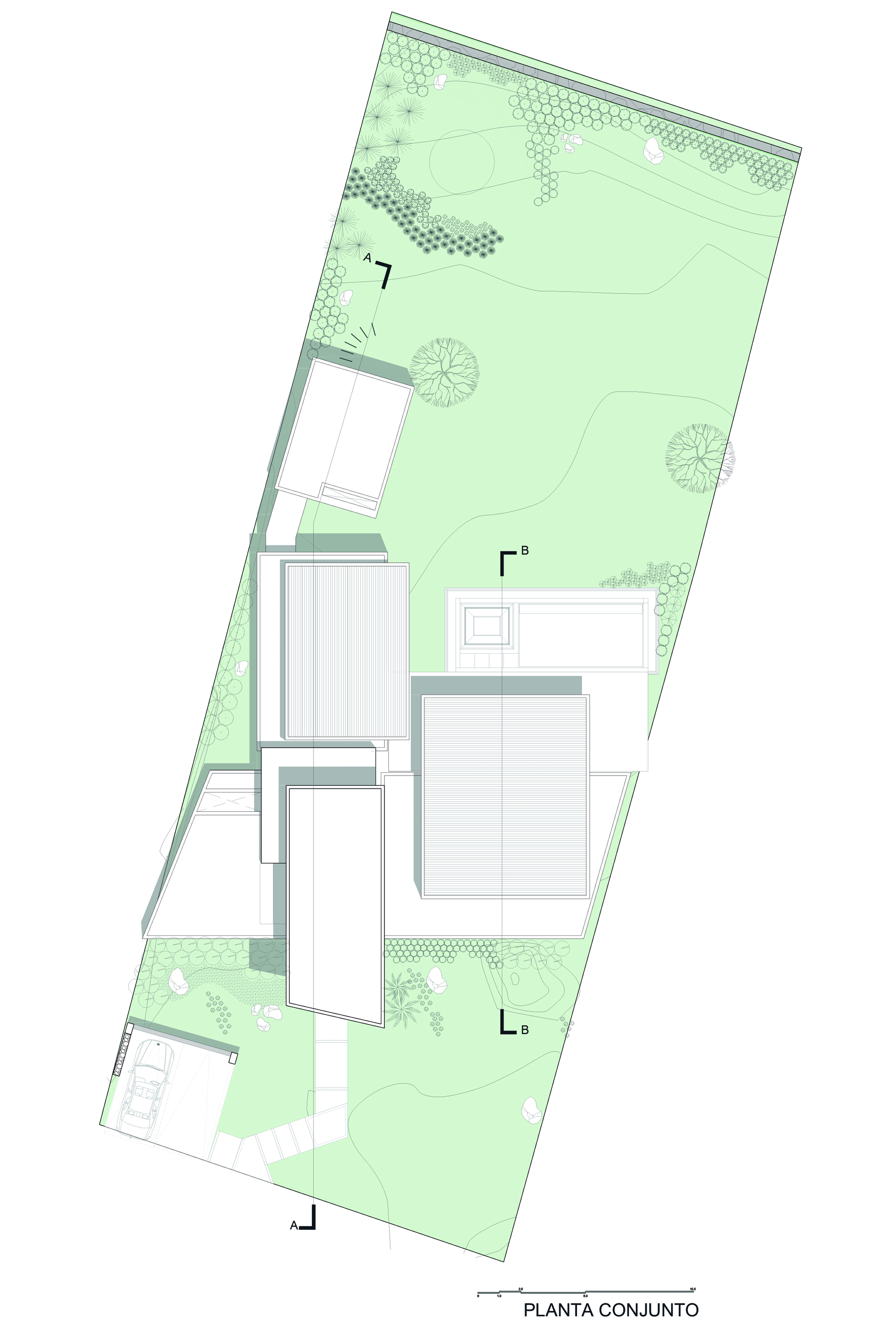 Site roof plan drawing showing the overlapping rectangular roofs, pool and garden within the angled lot, with section lines A and B