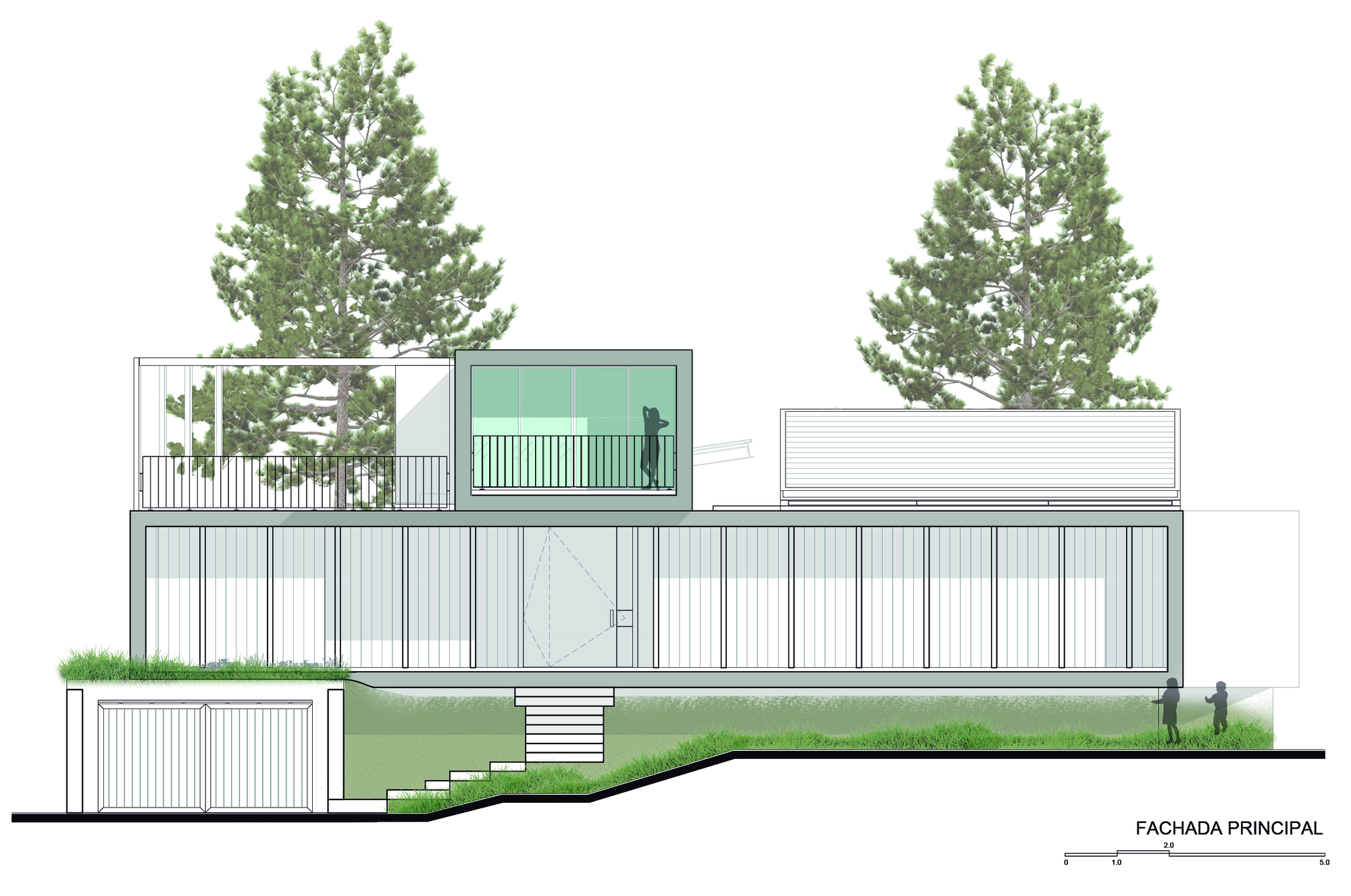 Front elevation drawing of a long glazed pavilion with a rooftop box, balcony railing and garage door, set among two pine trees