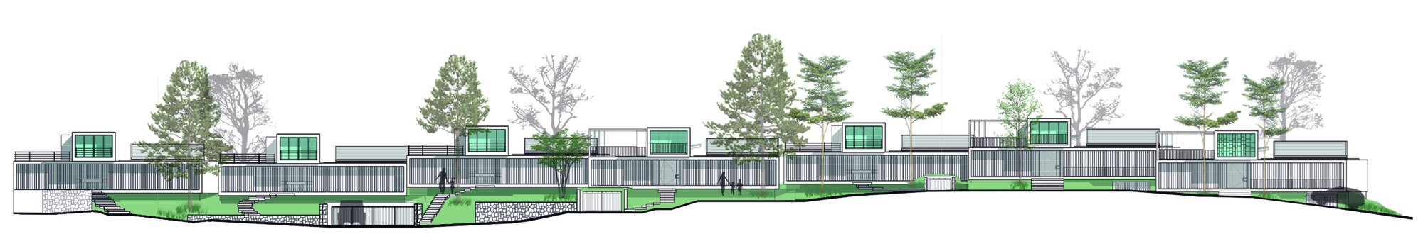 Long site elevation drawing showing a row of stepped glazed houses along a sloping landscape with scattered trees and figures