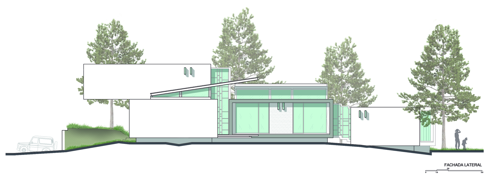Side elevation drawing showing white volumes, a tilted roof plane and a glazed sliding wall beside a parked jeep and pine trees