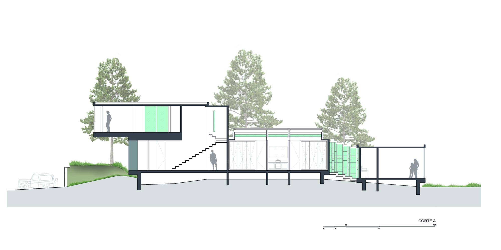 Longitudinal section drawing cutting through a two-level house, interior stair and glazed living space, with figures and pines behind