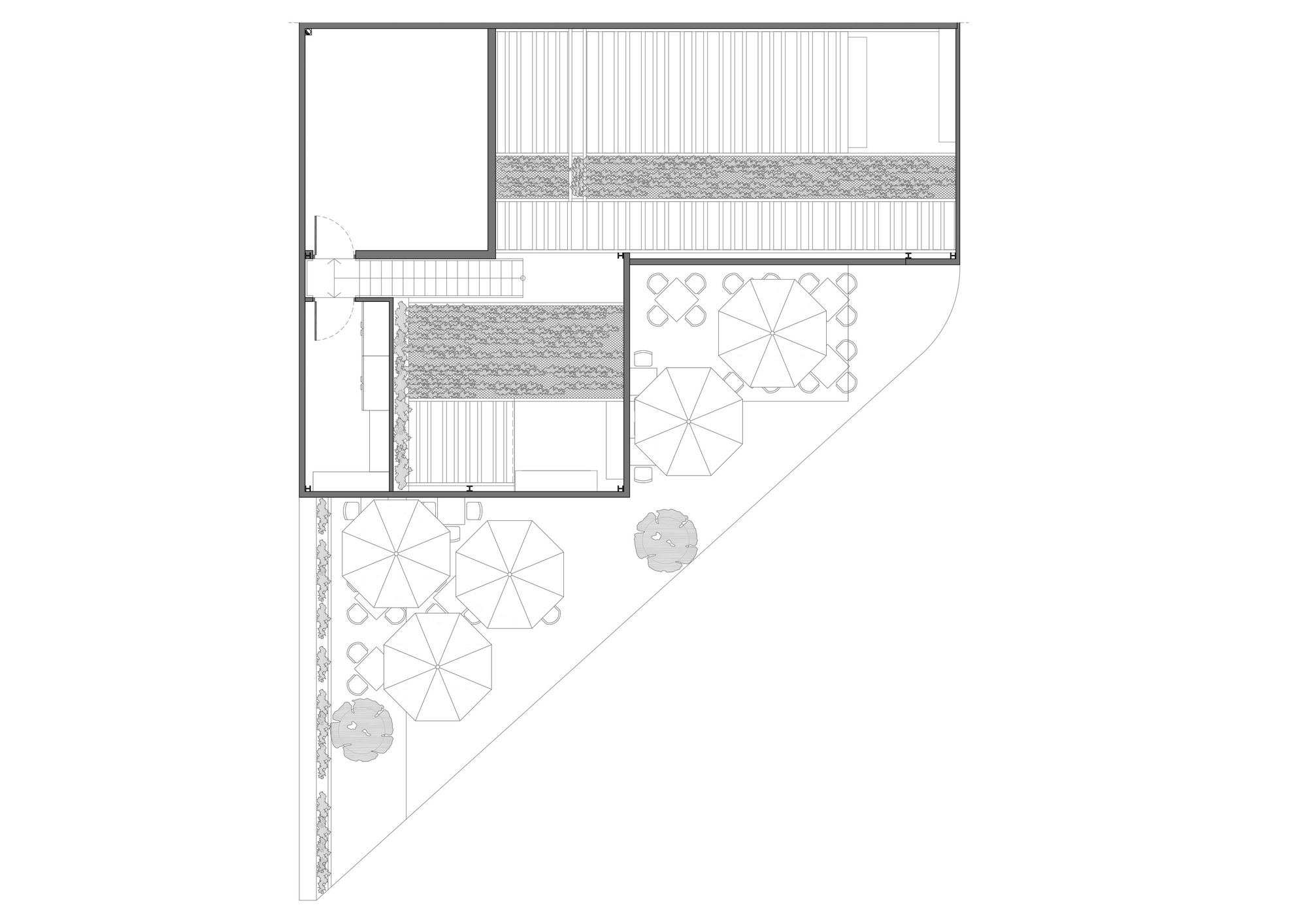 Upper floor plan drawing with planted strips, a stair and round parasol tables on the triangular terrace below