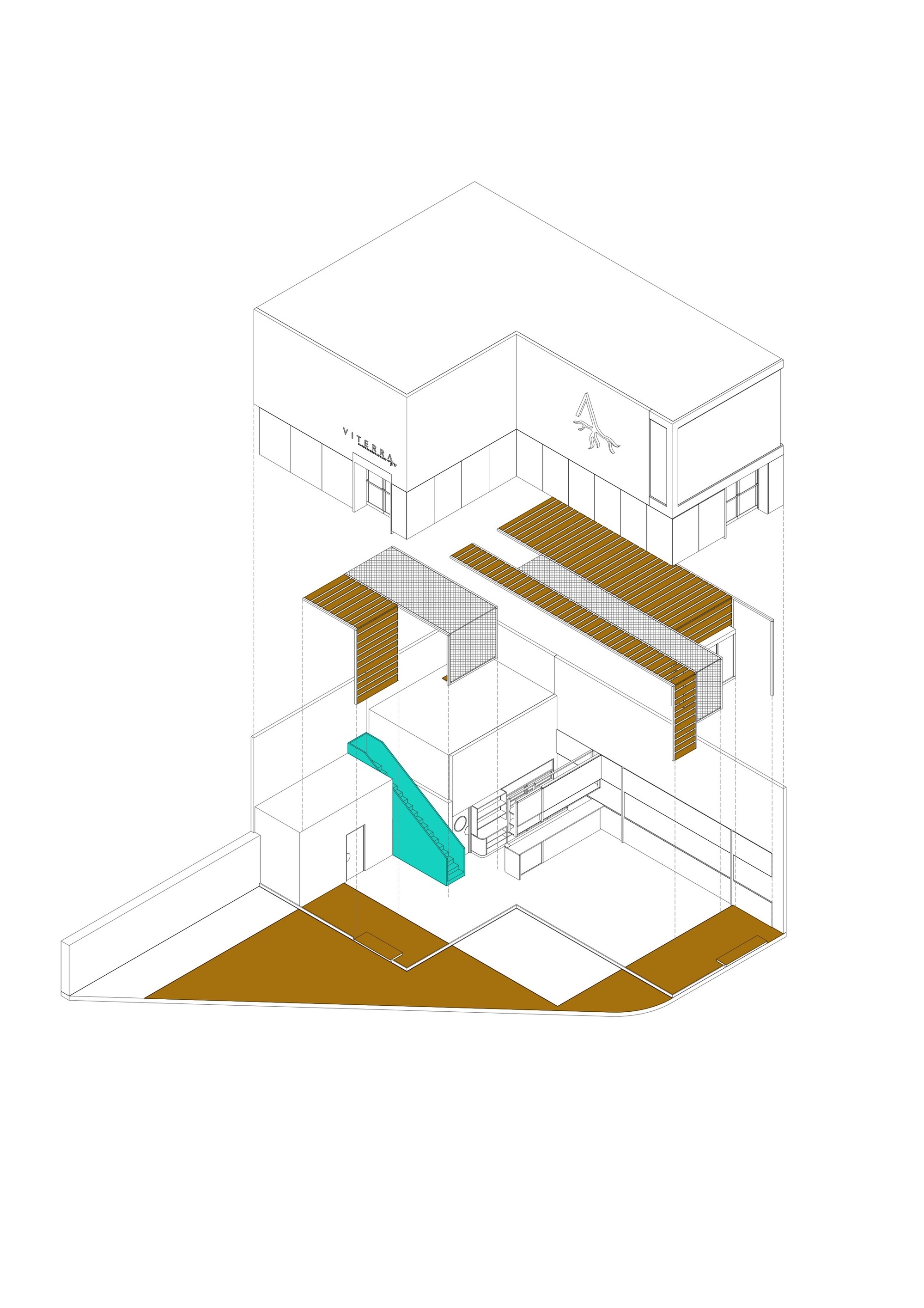 Exploded axonometric drawing separating the facade, timber slatted roof layers, teal staircase and wood floor platform of a corner building