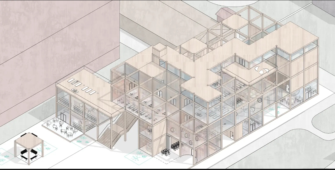Axonometric drawing of a multi-storey timber frame building with glazed bays, an exterior stair, a café terrace and parked bicycles at street level. Image: Ekaterina Strizhova, Irina Pashinyan