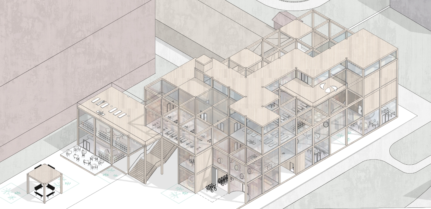 Axonometric drawing of the stacked timber grid volumes with roof terraces, an exterior stair and a bike parking arch beside a paved street. Image: Ekaterina Strizhova, Irina Pashinyan