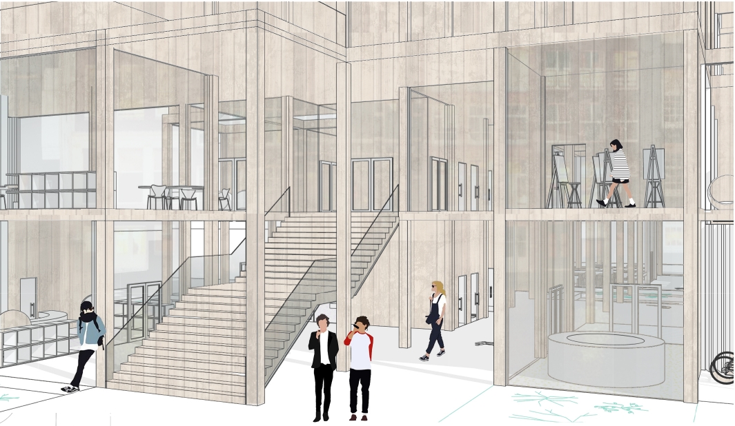 Interior perspective of a wide timber stair rising through a glazed atrium, with people walking below and an easel studio above. Image: Ekaterina Strizhova, Irina Pashinyan
