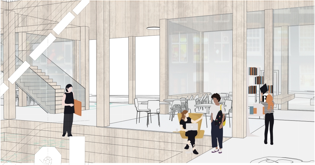 Interior perspective of a lounge with café tables and a bookshelf, where a seated woman works on a laptop beside standing visitors. Image: Ekaterina Strizhova, Irina Pashinyan
