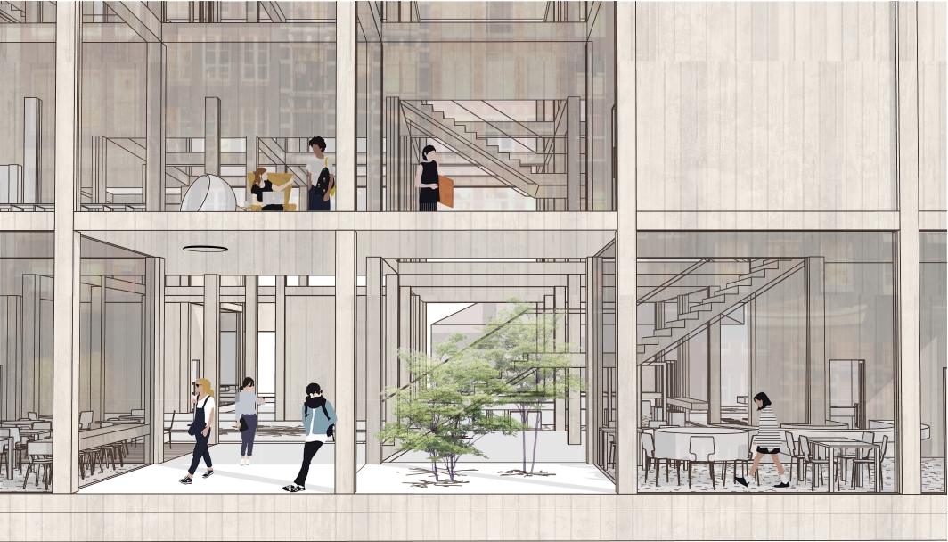 Elevation-style perspective of a ground floor passage with a small tree, dining tables and stairs, with people walking through the timber frame. Image: Ekaterina Strizhova, Irina Pashinyan