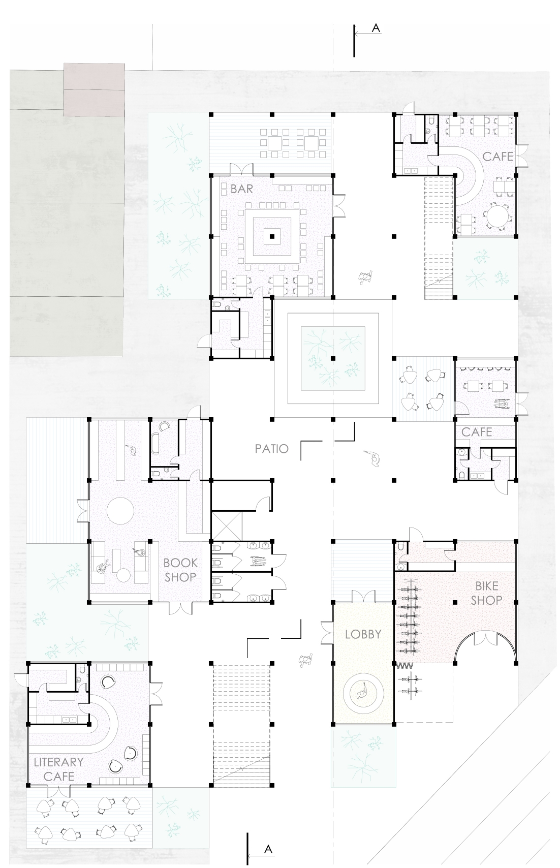 Ground floor plan drawing showing a central patio surrounded by a bar, cafés, a book shop, a bike shop and a lobby. Image: Ekaterina Strizhova, Irina Pashinyan