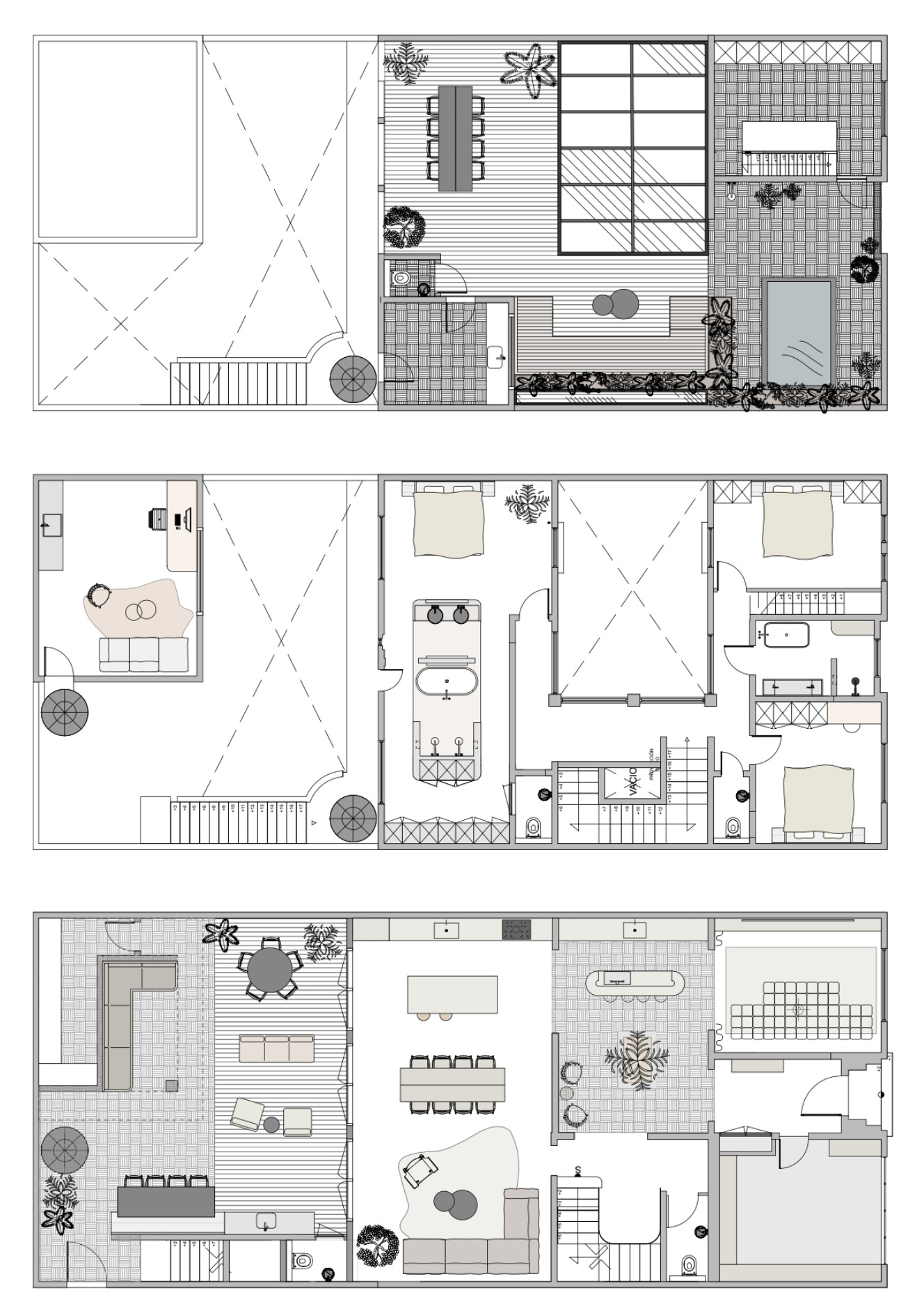 Three stacked floor plan drawings of a narrow house showing bedrooms, bathrooms, a kitchen with dining table, living areas, stairs and a rooftop terrace with pl