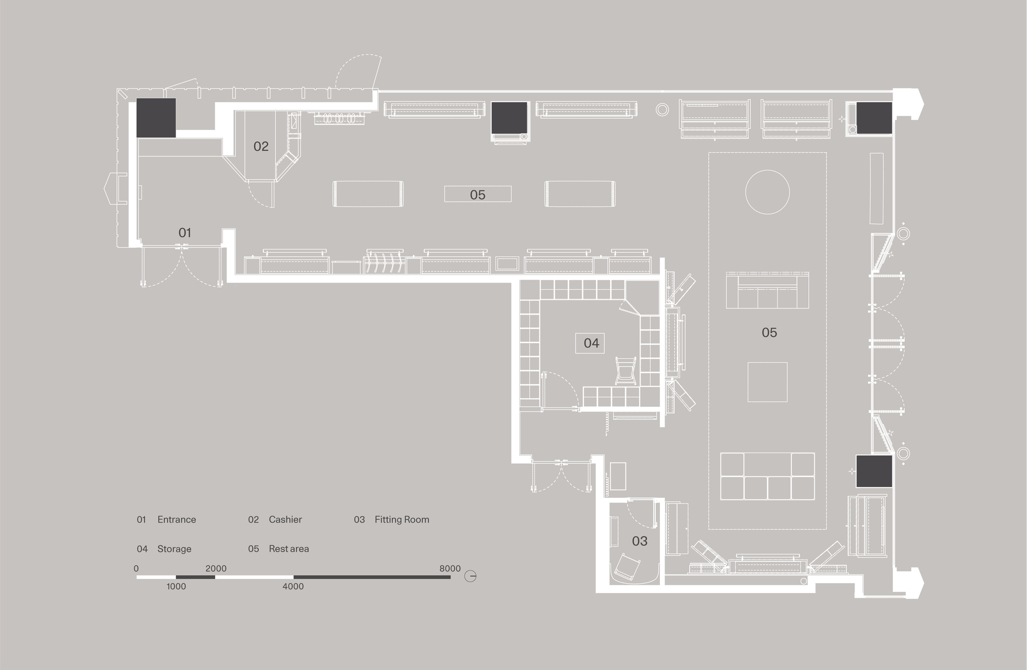 Floor plan drawing of an L-shaped shop showing entrance, cashier, fitting room, storage and a large rest area with a scale bar