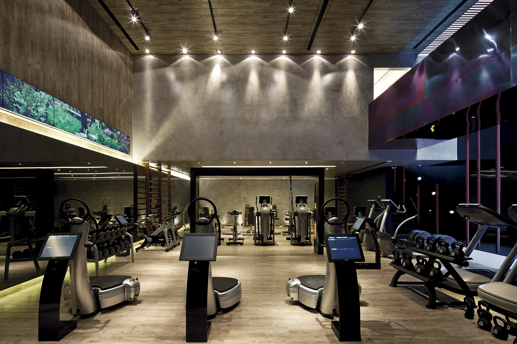 Gym floor with vibration platforms, kettlebells and cardio machines beneath a concrete wall scalloped by ceiling downlights
