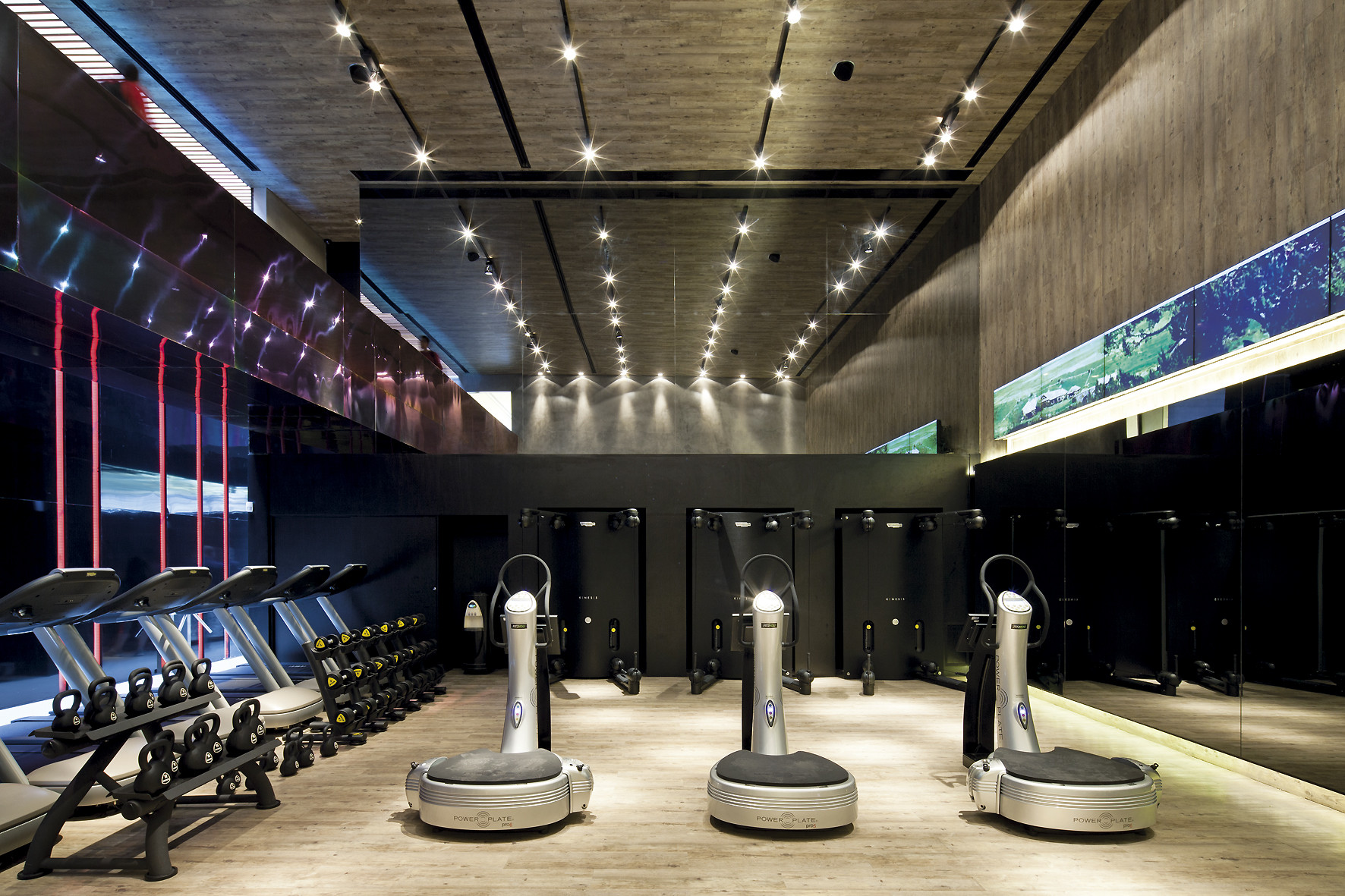Gym room with three vibration plate machines, kettlebell racks and a long band of track lights along a timber-textured ceiling