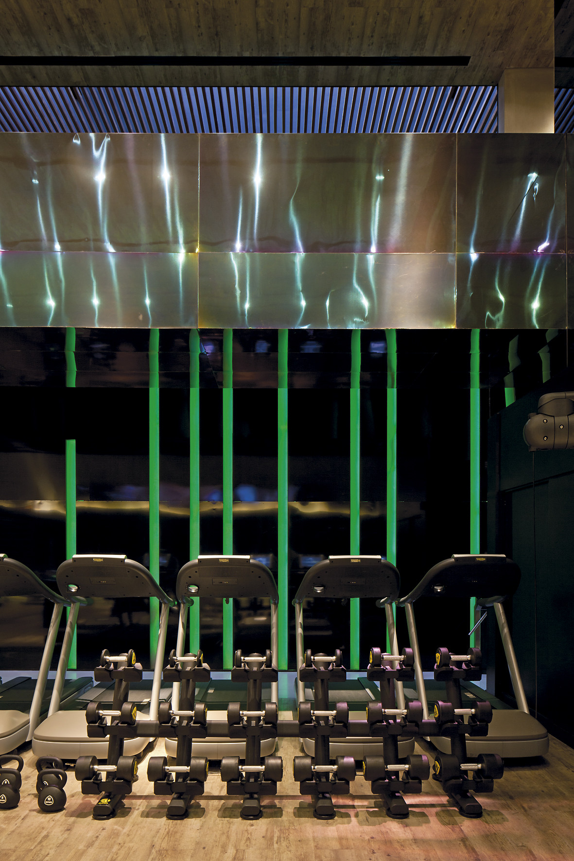 Row of treadmills and dumbbell racks in front of a dark glass wall with green vertical strips and a reflective metal band above