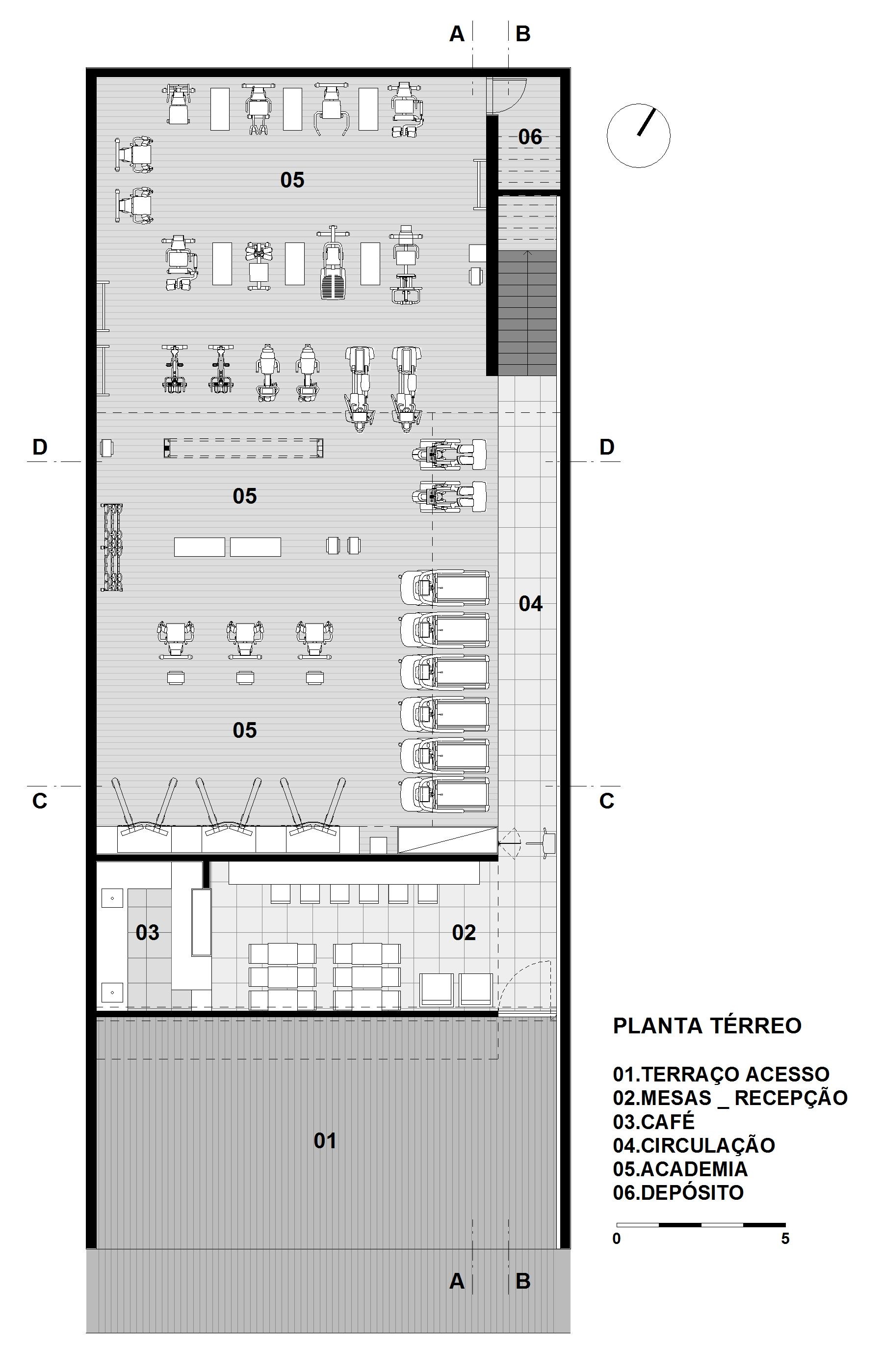 Ground floor plan drawing showing the entry terrace, reception tables, cafe, circulation strip and a large gym room with equipment