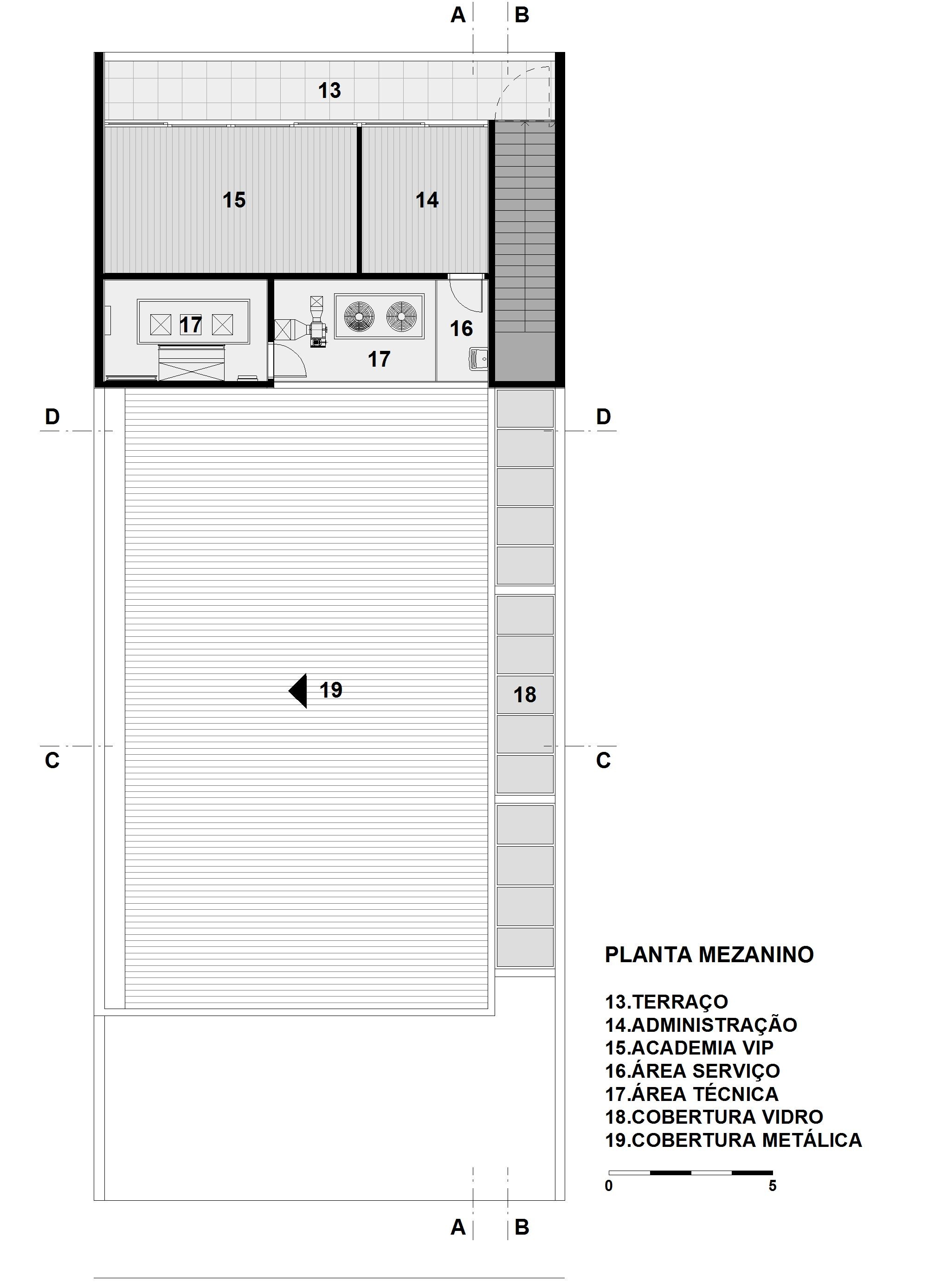 Mezzanine plan drawing showing a terrace, administration rooms, technical area and a large metal roof beside a strip of glass roofing