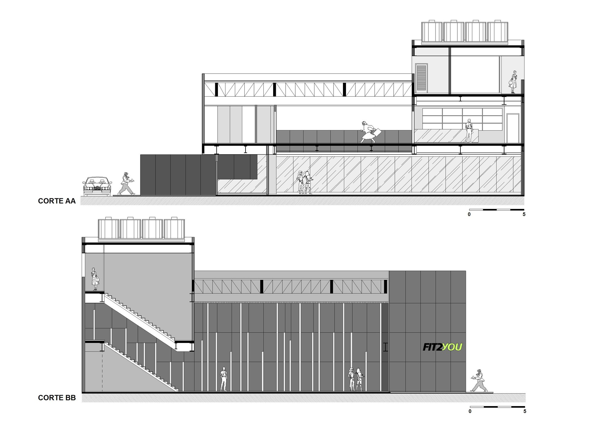 Two section drawings, AA and BB, showing a gym with a staircase, mezzanine walkway, glazed front and rooftop units, with figures and a parked car