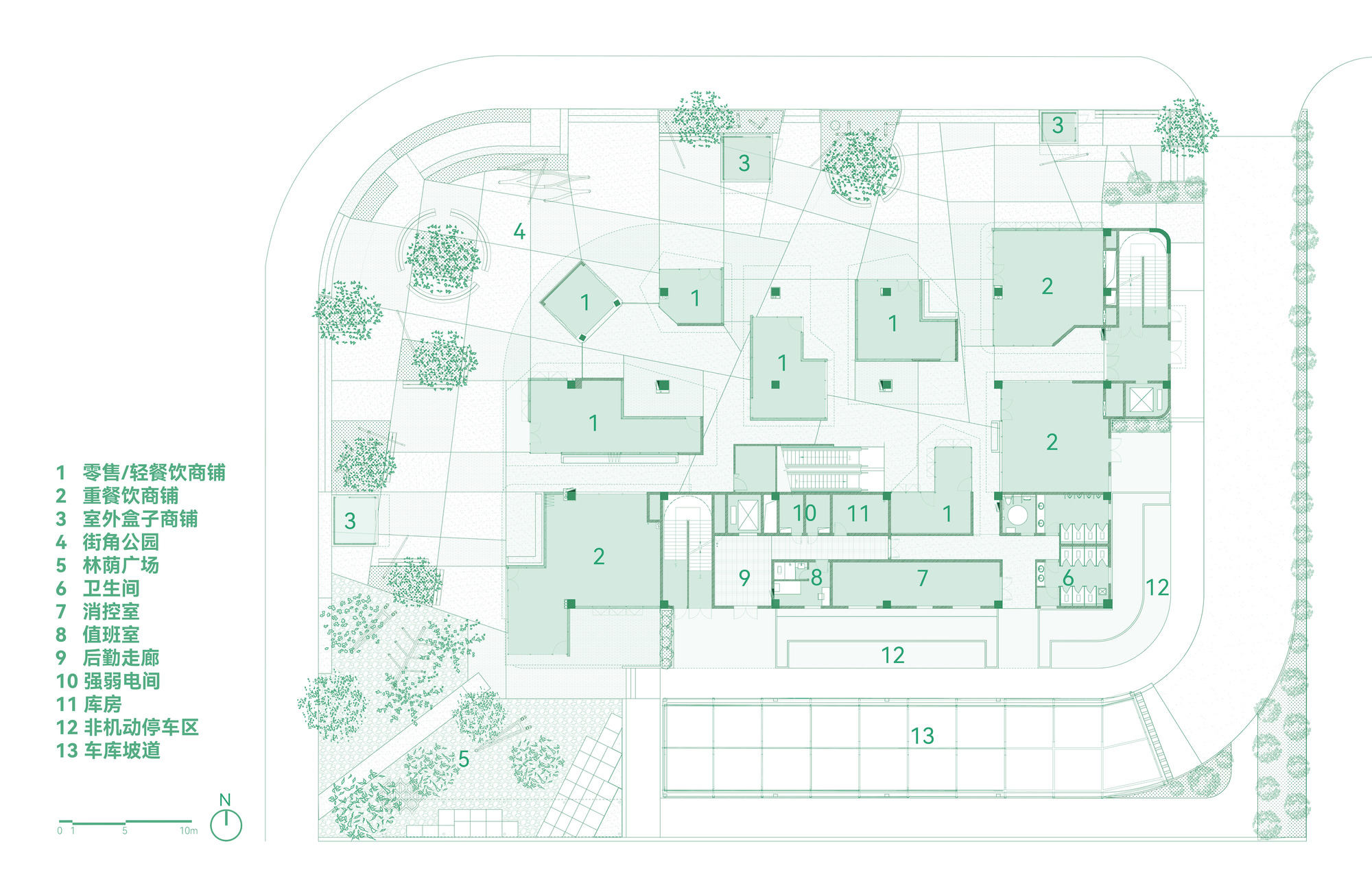 Ground floor plan drawing in green line work showing scattered market stalls, a service core and numbered outdoor park areas