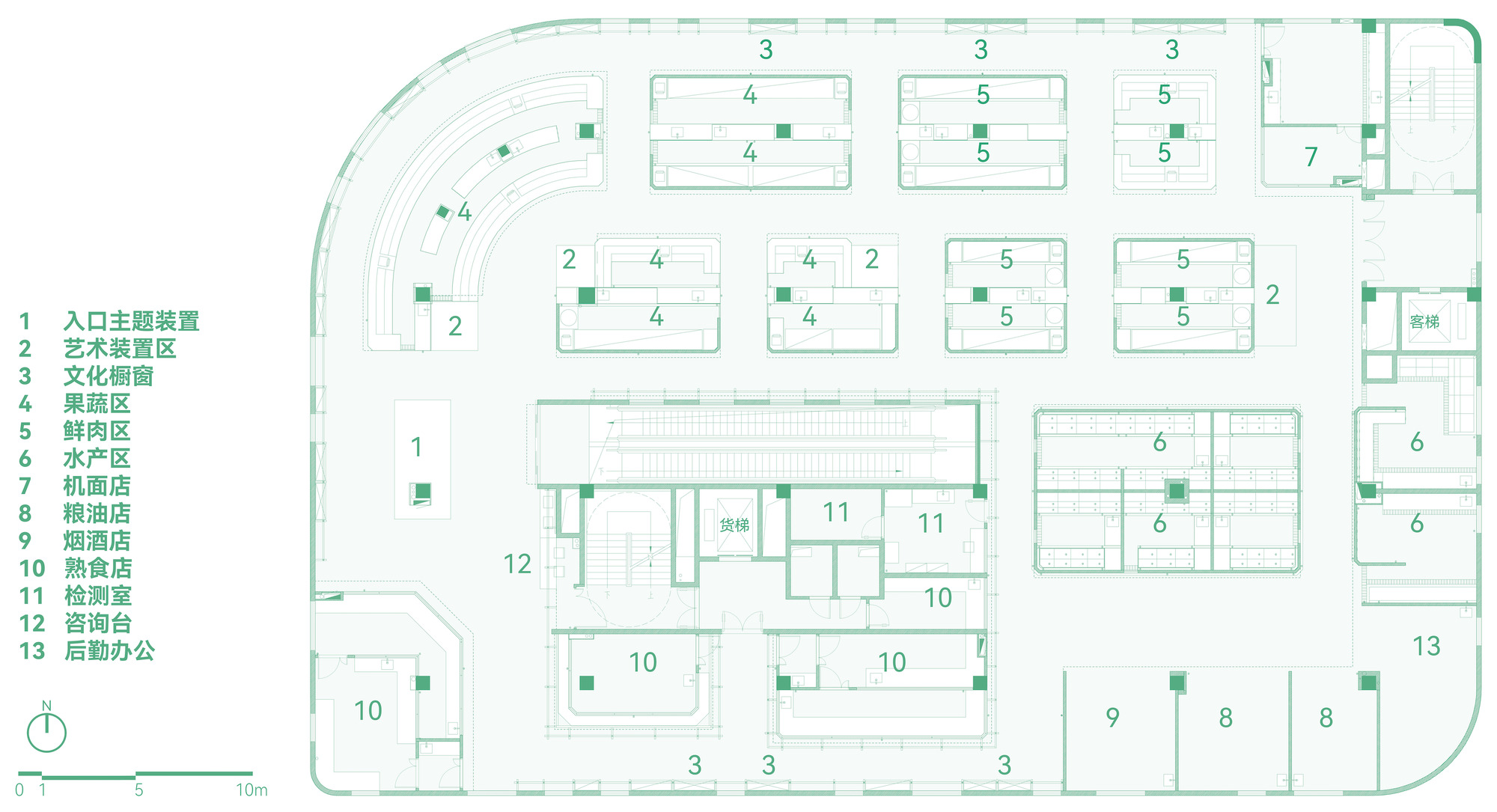 Upper floor plan drawing showing a curved perimeter, rows of market counters, an escalator core and small shops along one edge