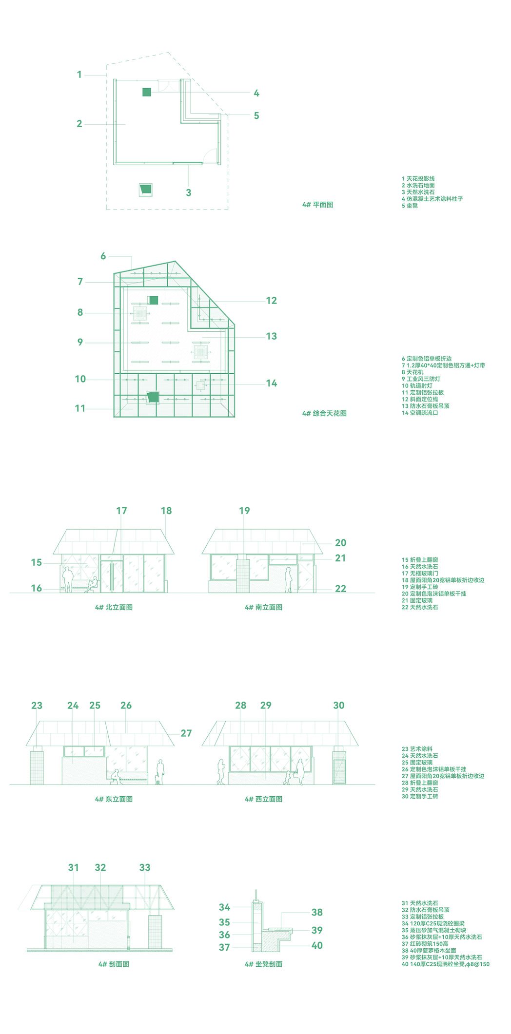 Drawing sheet of a small pitched-roof pavilion, with plan, ceiling plan, four elevations, a section and a detail section