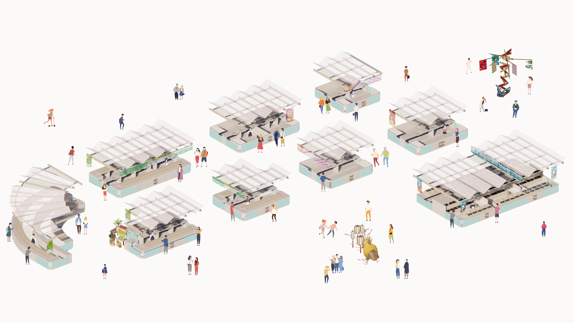 Axonometric drawing of separate market stall pavilions under layered translucent canopies, with small figures scattered across a white ground