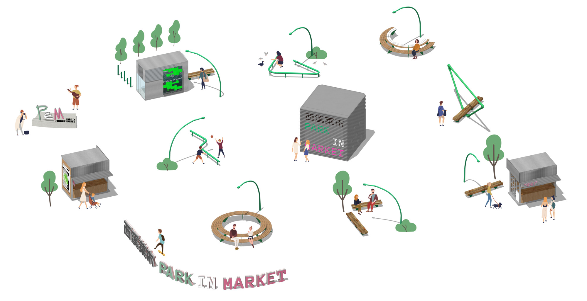 Axonometric drawing of park furniture pieces, including curved benches, kiosks, a cube and lettering, arranged in a loop with people and trees