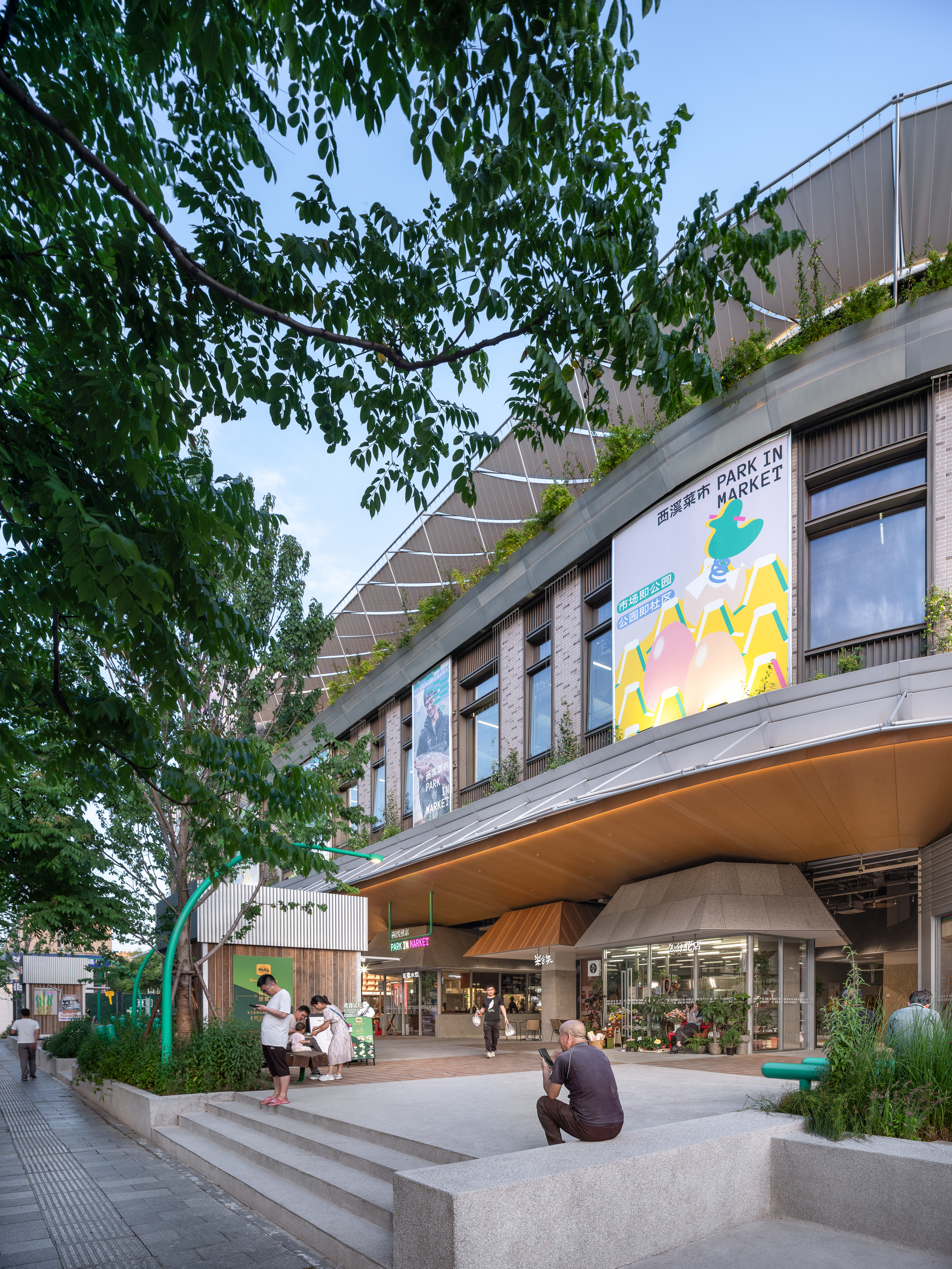 Market facade with a green planted roof edge and curved timber soffit, seen from a stepped plaza beneath leafy tree branches