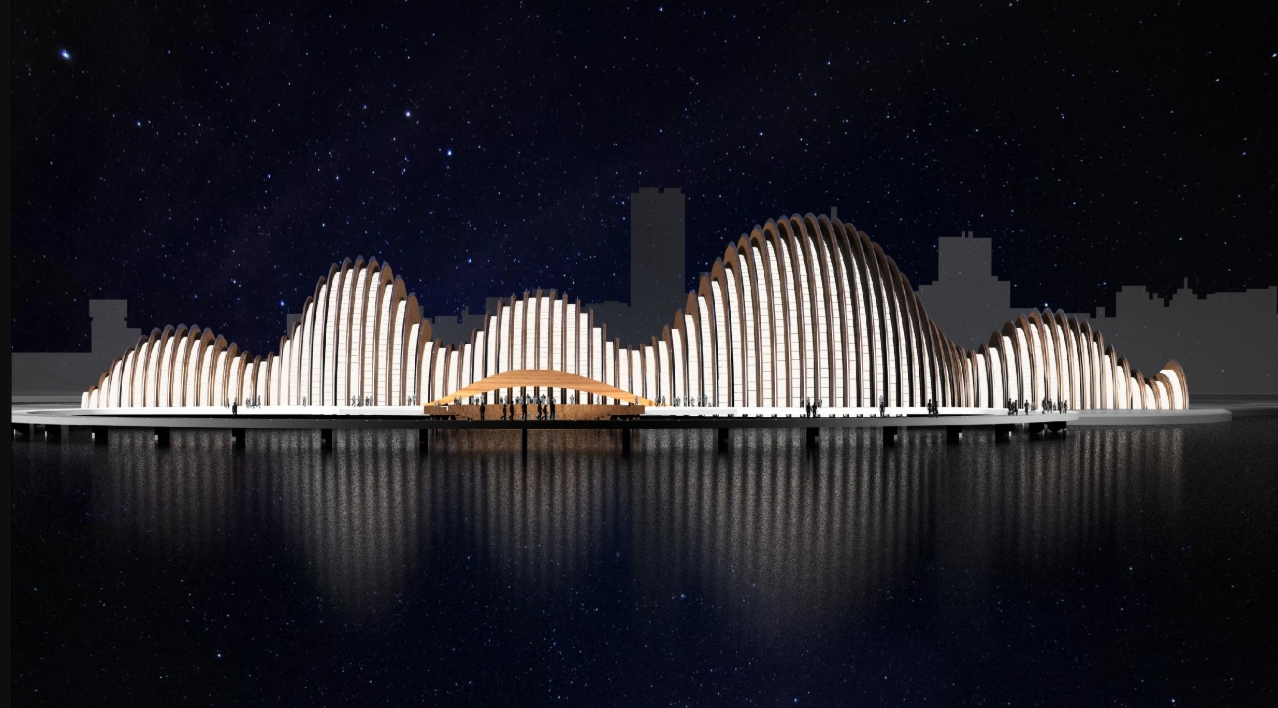 Rendering of a row of undulating ribbed arches on a pier, glowing against a starry night sky and reflected in still water. Image: Nina Niavro
