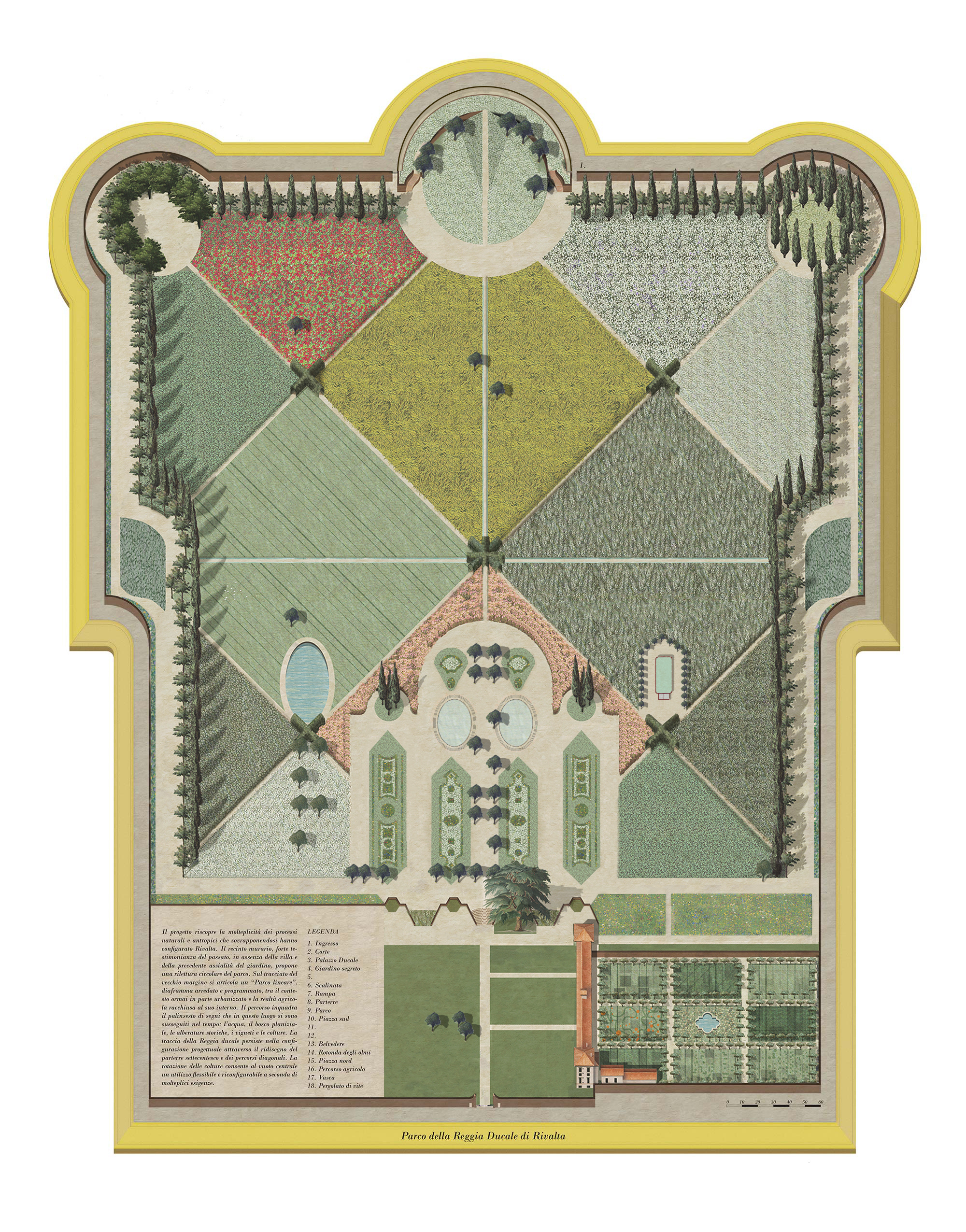 Colored site plan drawing of a walled park with diagonal planted fields, a central axis and formal gardens near the entrance