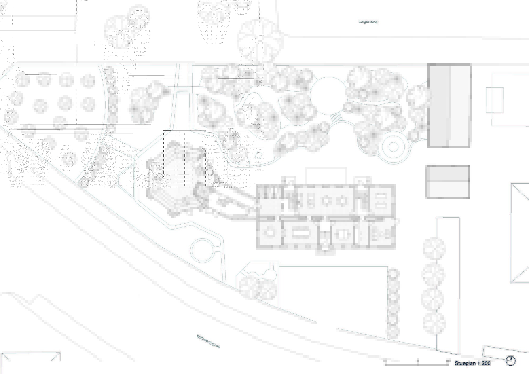 Ground floor plan drawing showing a long villa with rooms, linked by a narrow passage to an octagonal tower and surrounding trees