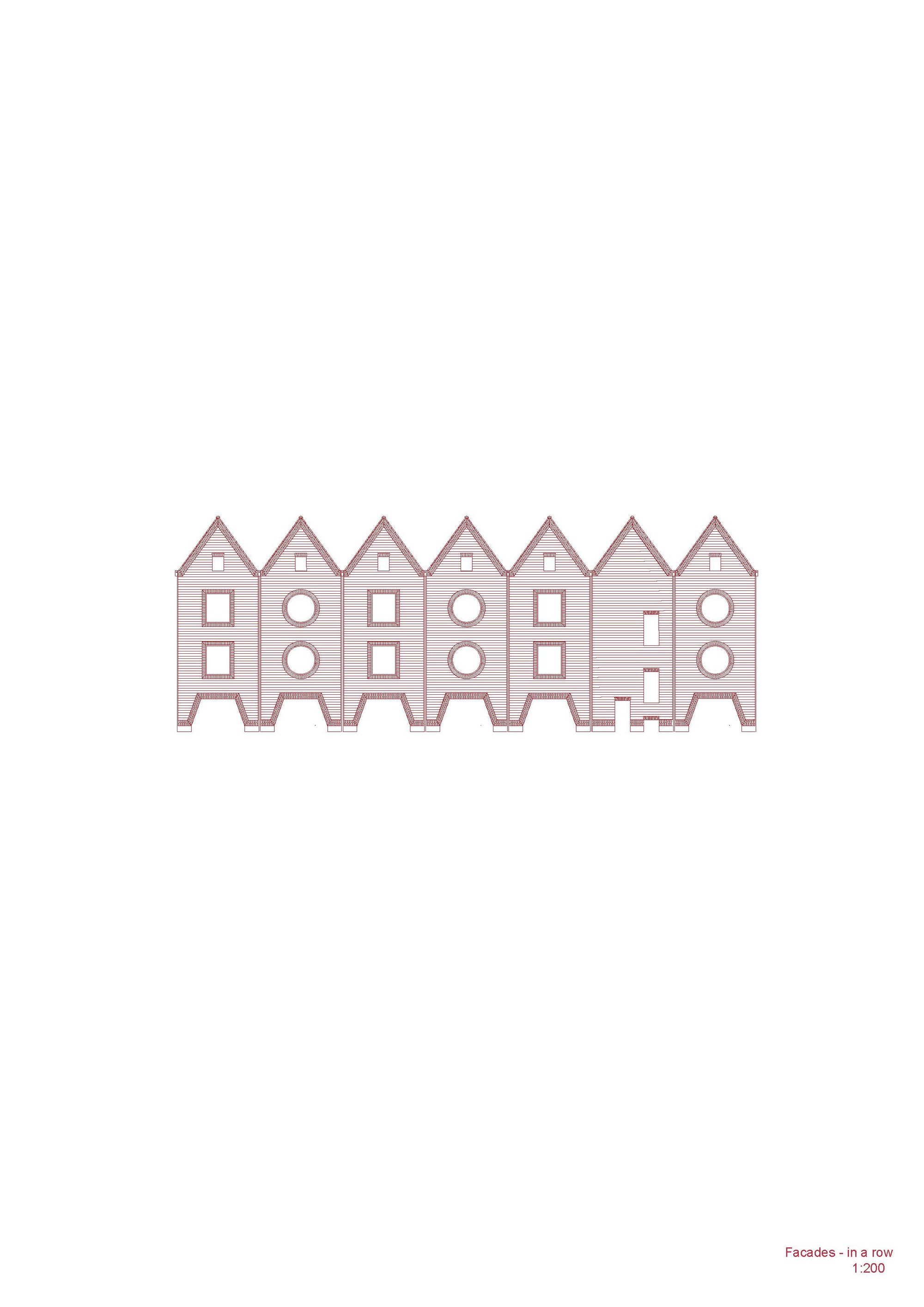 Elevation drawing of seven gabled brick facades in a row, with square and round windows and arched openings at the base