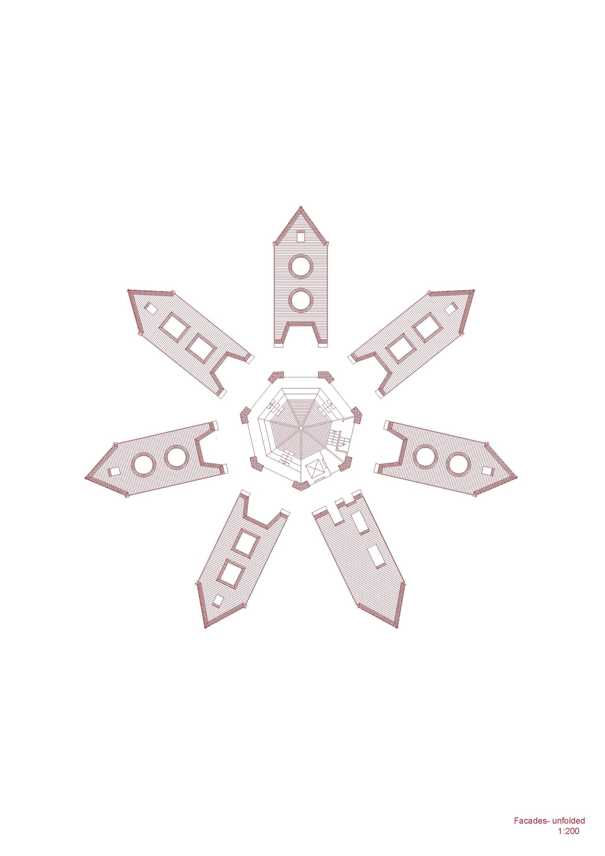Unfolded elevation drawing of seven gabled facades radiating around an octagonal tower plan, with round and square window openings