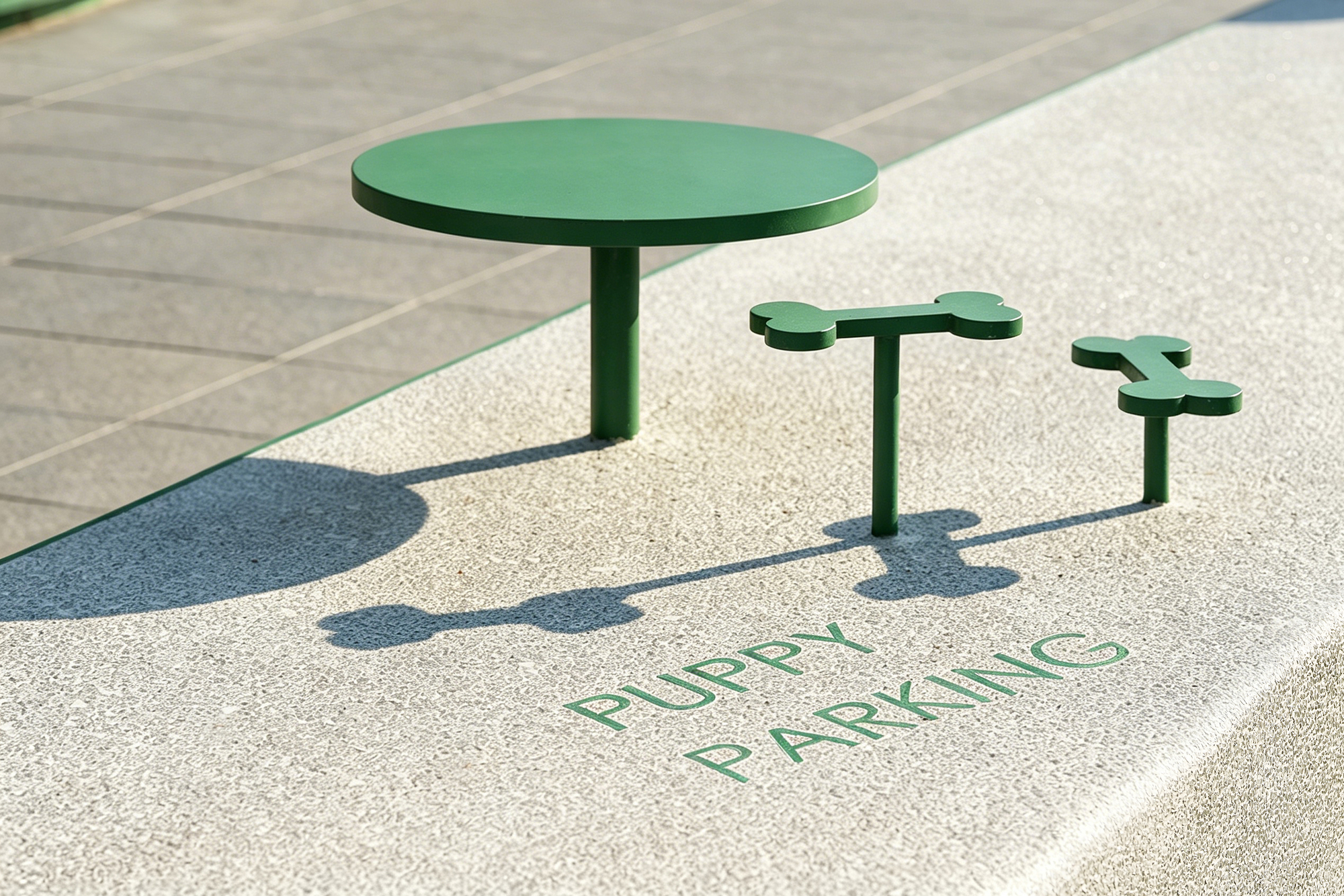 Green round table and two bone-shaped stools on a speckled stone ledge engraved with "Puppy Parking", casting long shadows in low sun