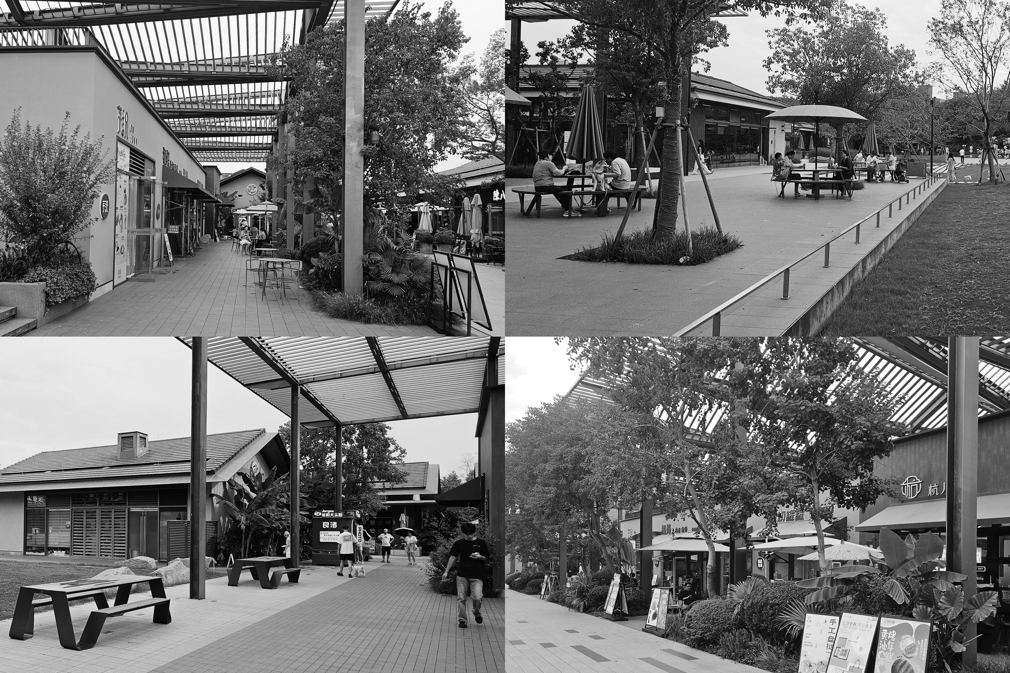 Four black-and-white views of paved plazas with timber picnic tables, steel canopy frames, shade trees and pedestrians walking between low shopfronts