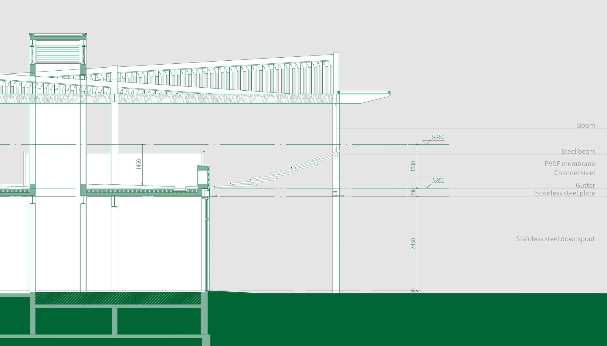 This image presents an architectural section detail focusing on an external canopy system, structural connections, and drainage components. The drawing highligh