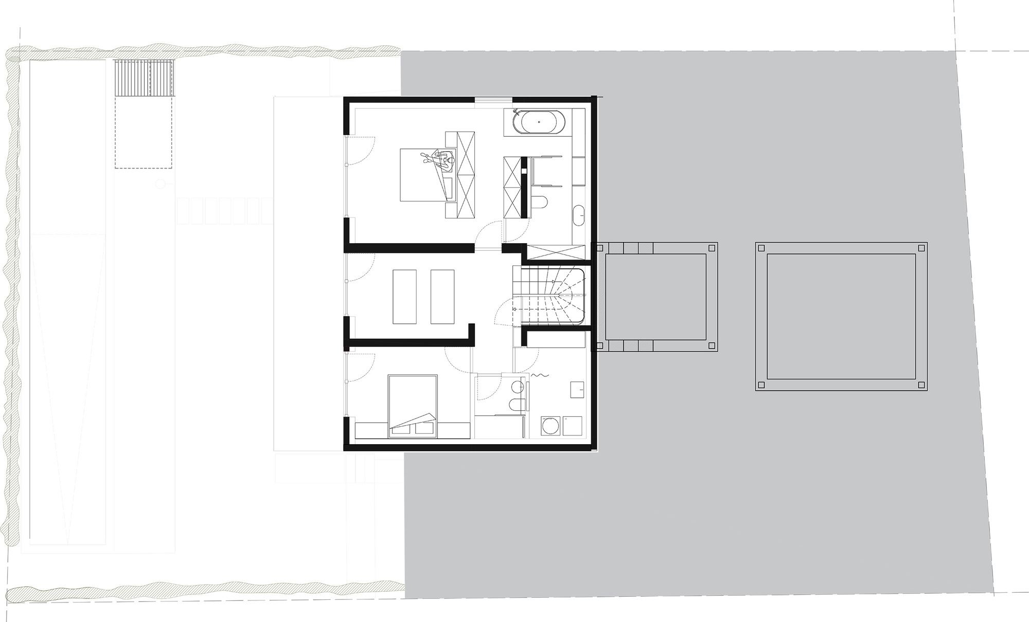 Upper floor plan drawing showing bedrooms, a bathroom, a stair and two square pergola frames on a grey site