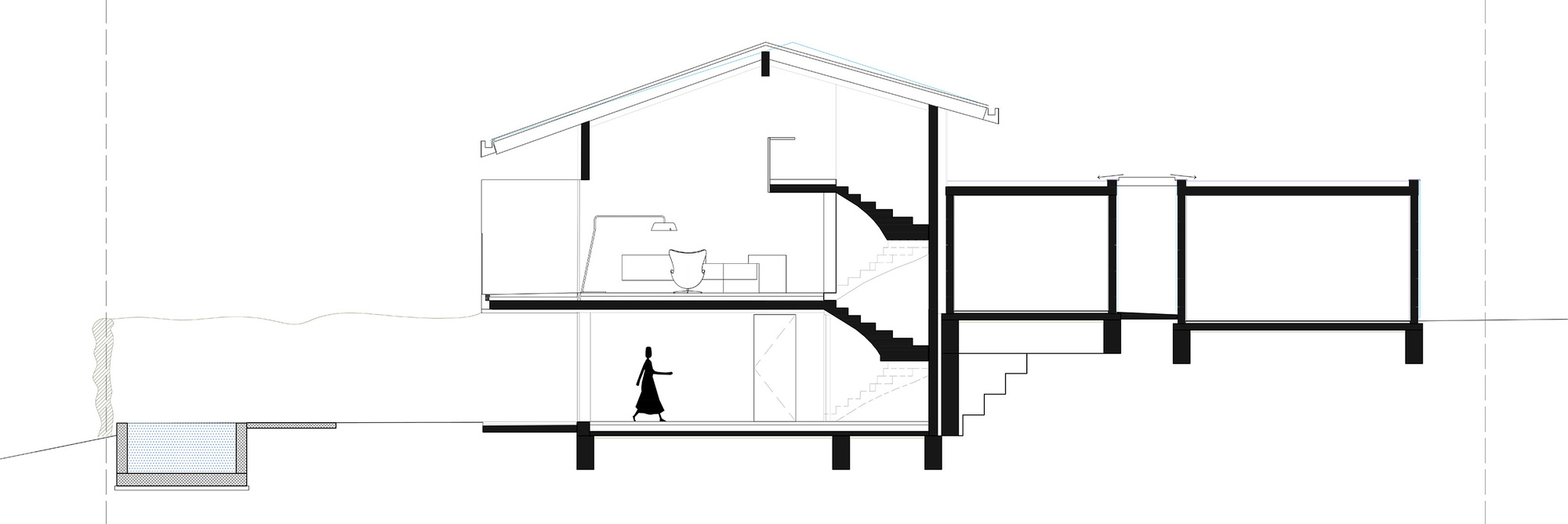 Section drawing of a gabled house stepping down a slope, with a figure walking the lower floor beside a stair and attached flat-roofed wing