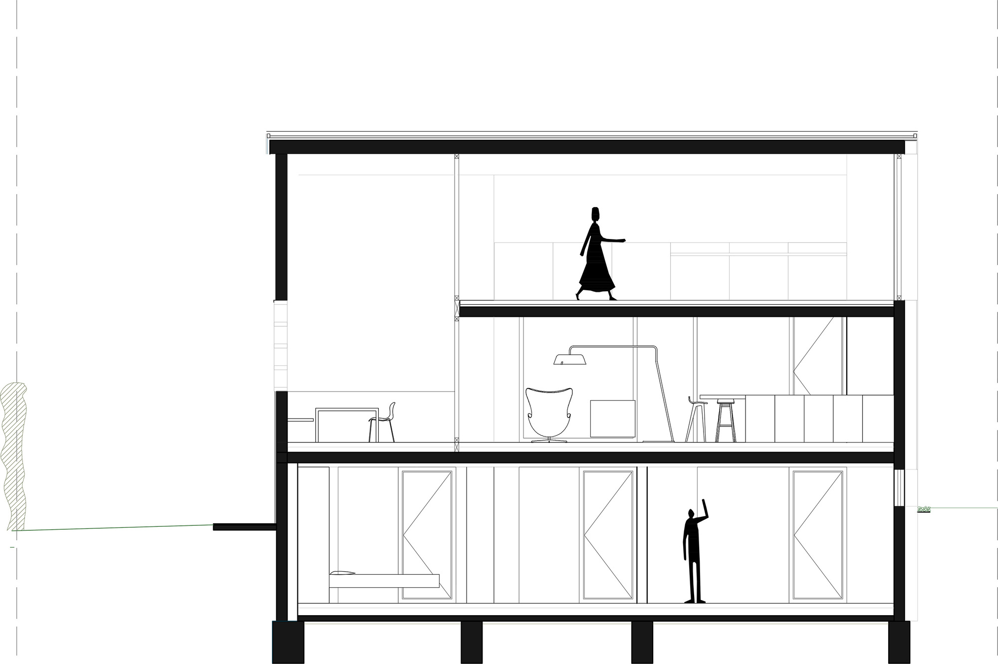 Section drawing of a three-storey block showing a figure on the top floor, an armchair and desk lamp in the middle level, and a standing figure below