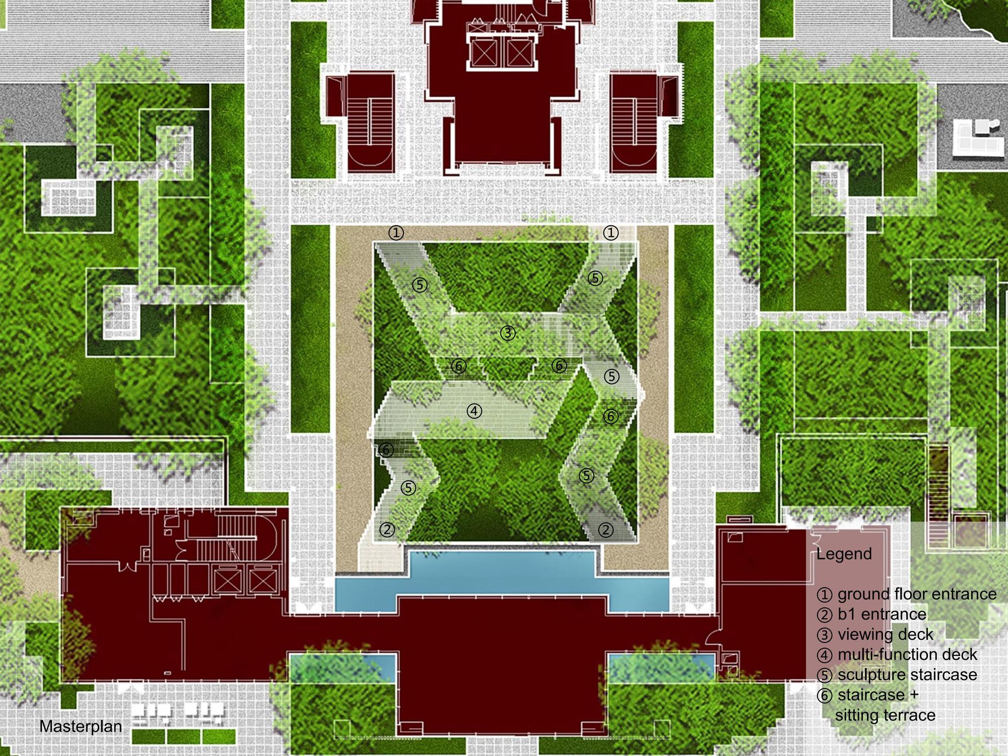 Colored masterplan drawing showing zigzag staircase decks crossing a planted central courtyard, with numbered legend and a reflecting pool beside maroon buildin