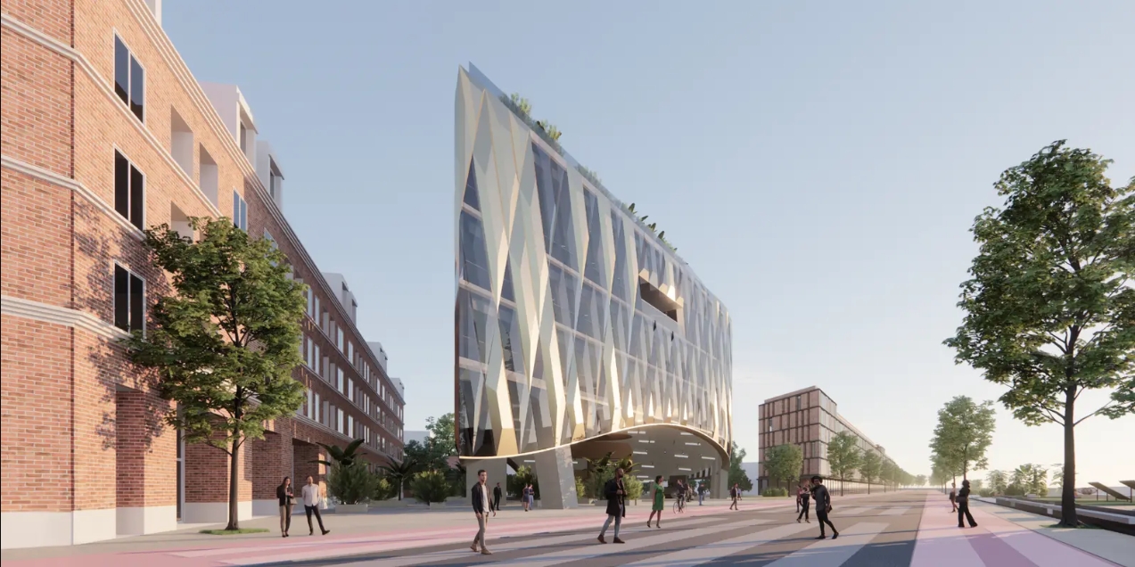 Rendering of a tapered tower with a diamond-patterned gold lattice facade and arched base, beside a brick block, with pedestrians crossing at dusk. Image: Bogdan Chipara